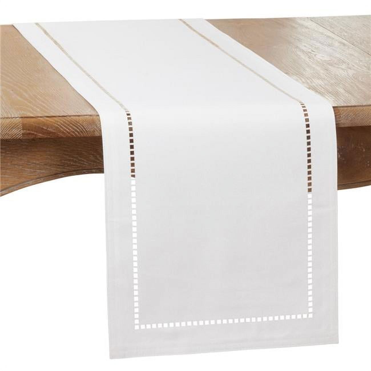 White Polyester Laser-Cut Hemstitch Table Runner, 14 x 90 inches