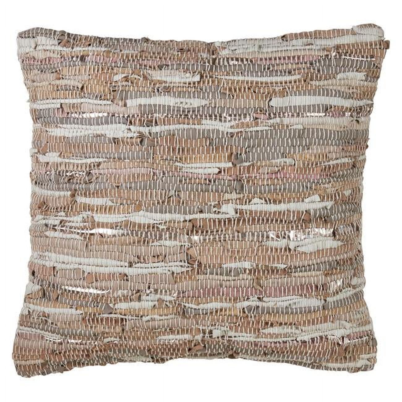 Natural Cotton Leather Blend Square Accent Pillow with Chindi Design