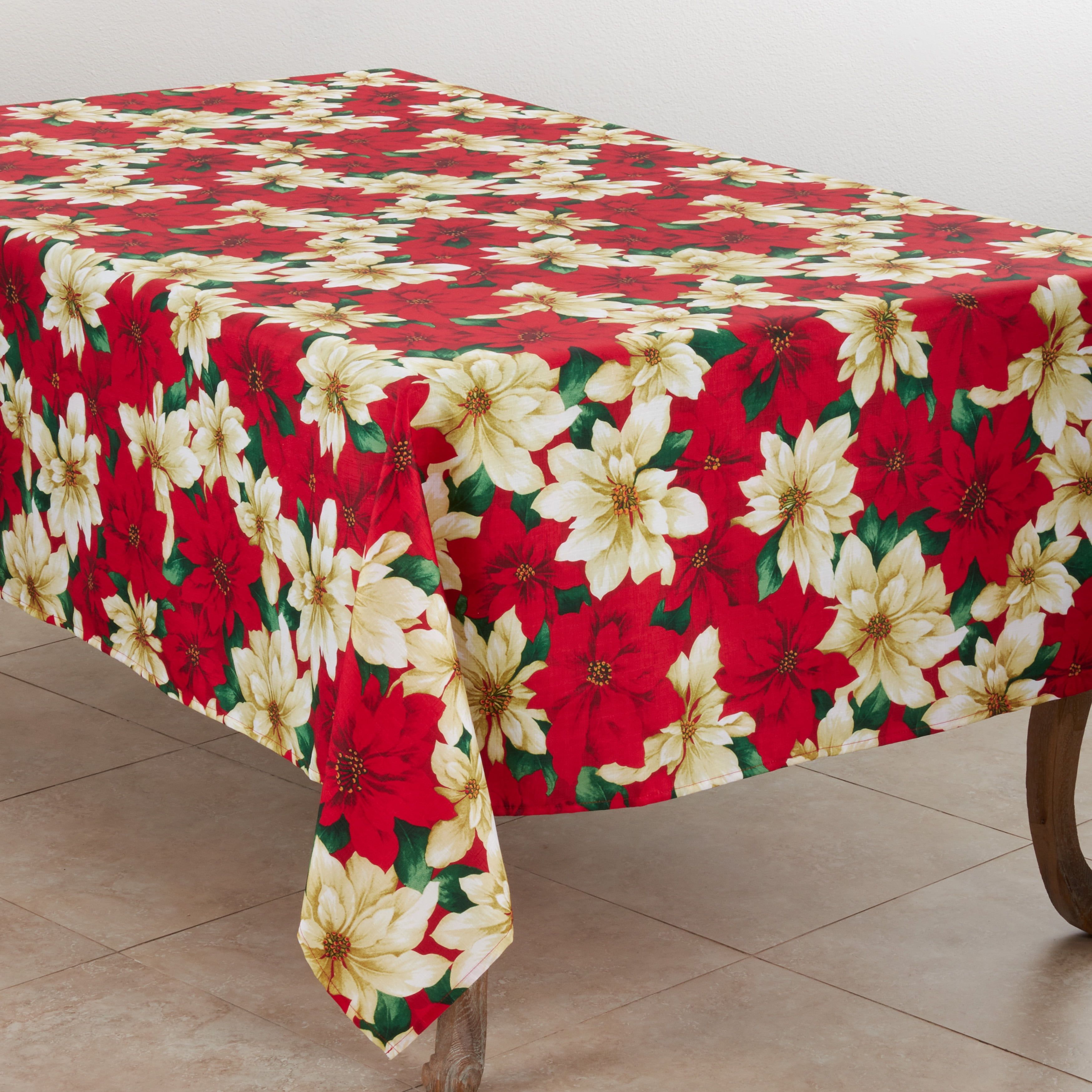 Festive Red and White Poinsettia Fabric Tablecloth, 70" Square