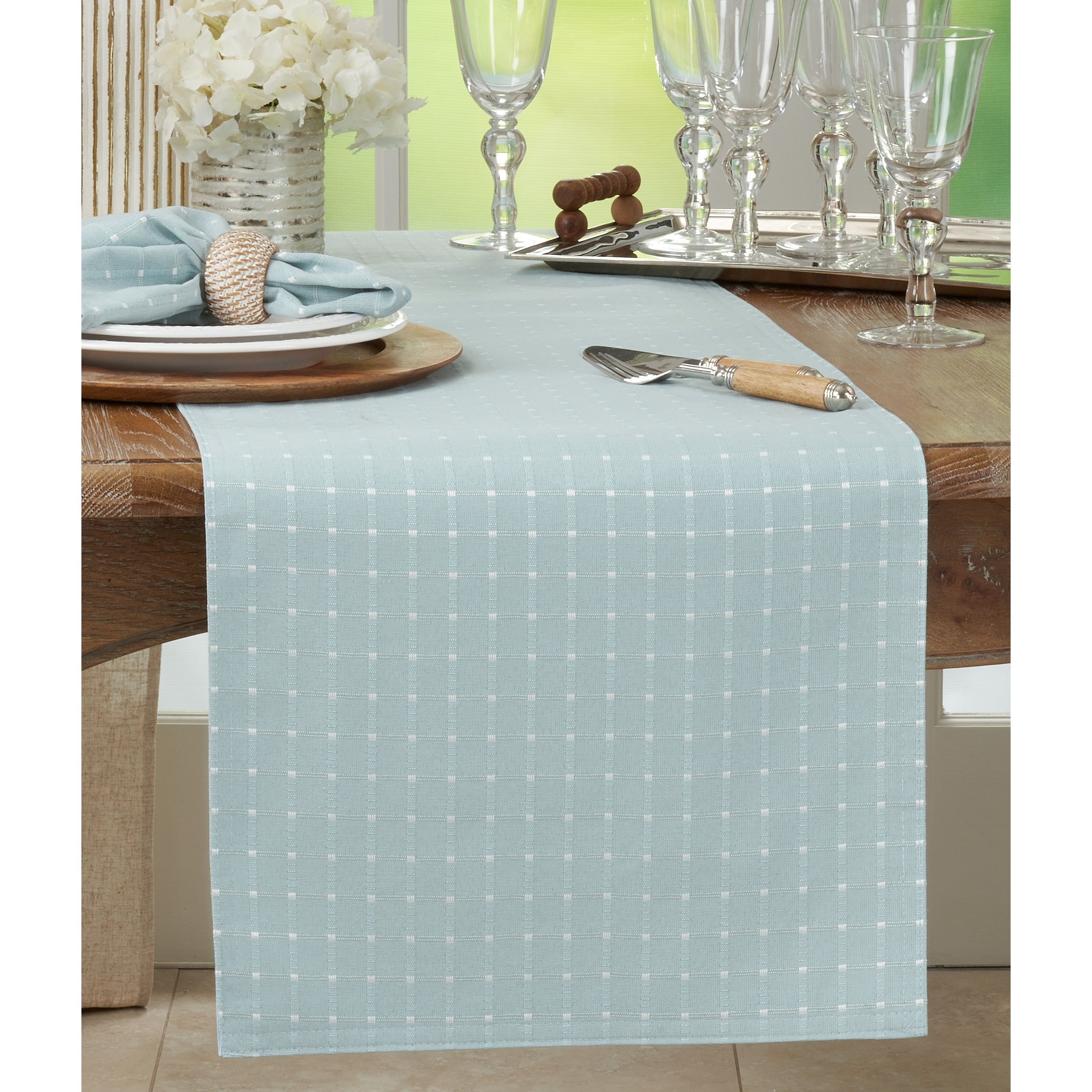 Aqua Cotton Blend Stitched Table Runner, 16" x 72"