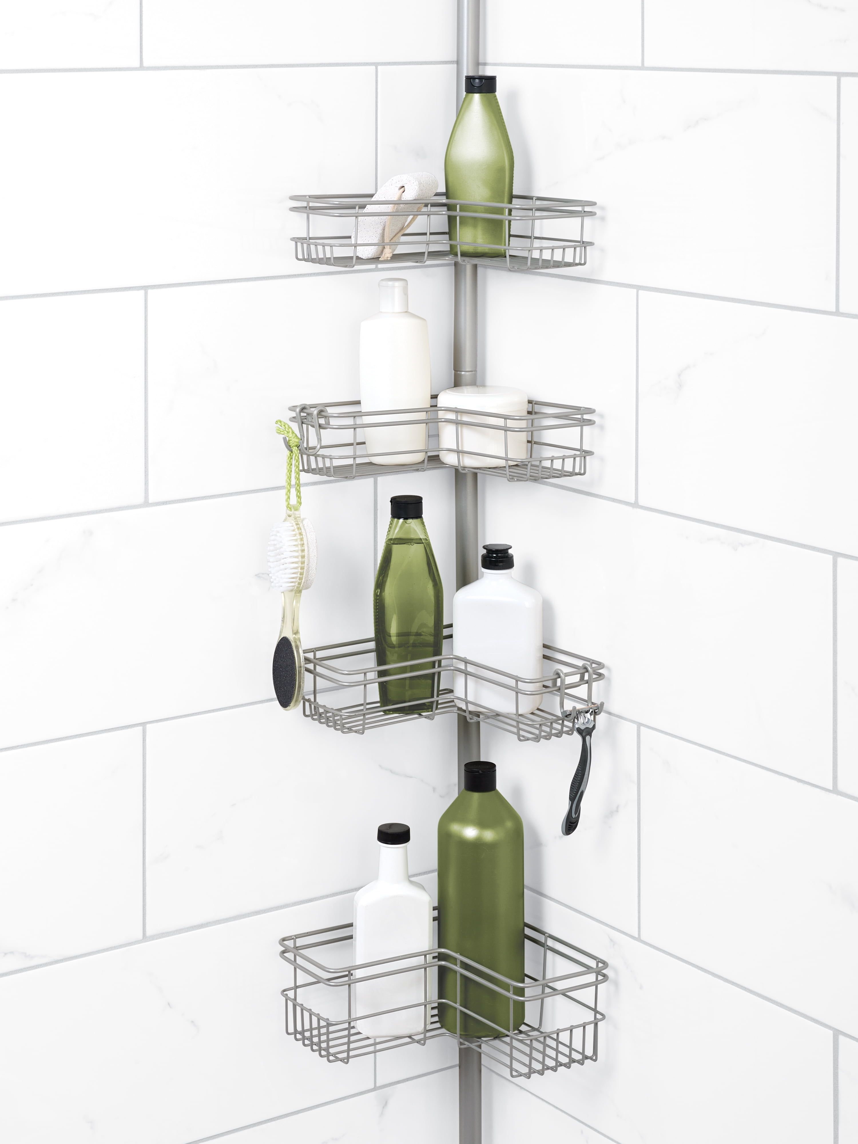 Satin Nickel Tension Pole Shower Caddy with 4 Adjustable Shelves