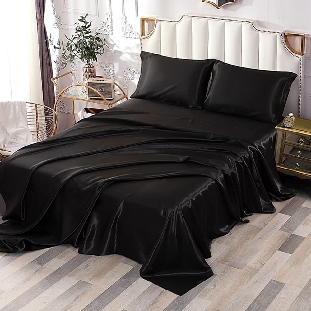 King Black Satin Deep Pocket 4-Piece Sheet Set