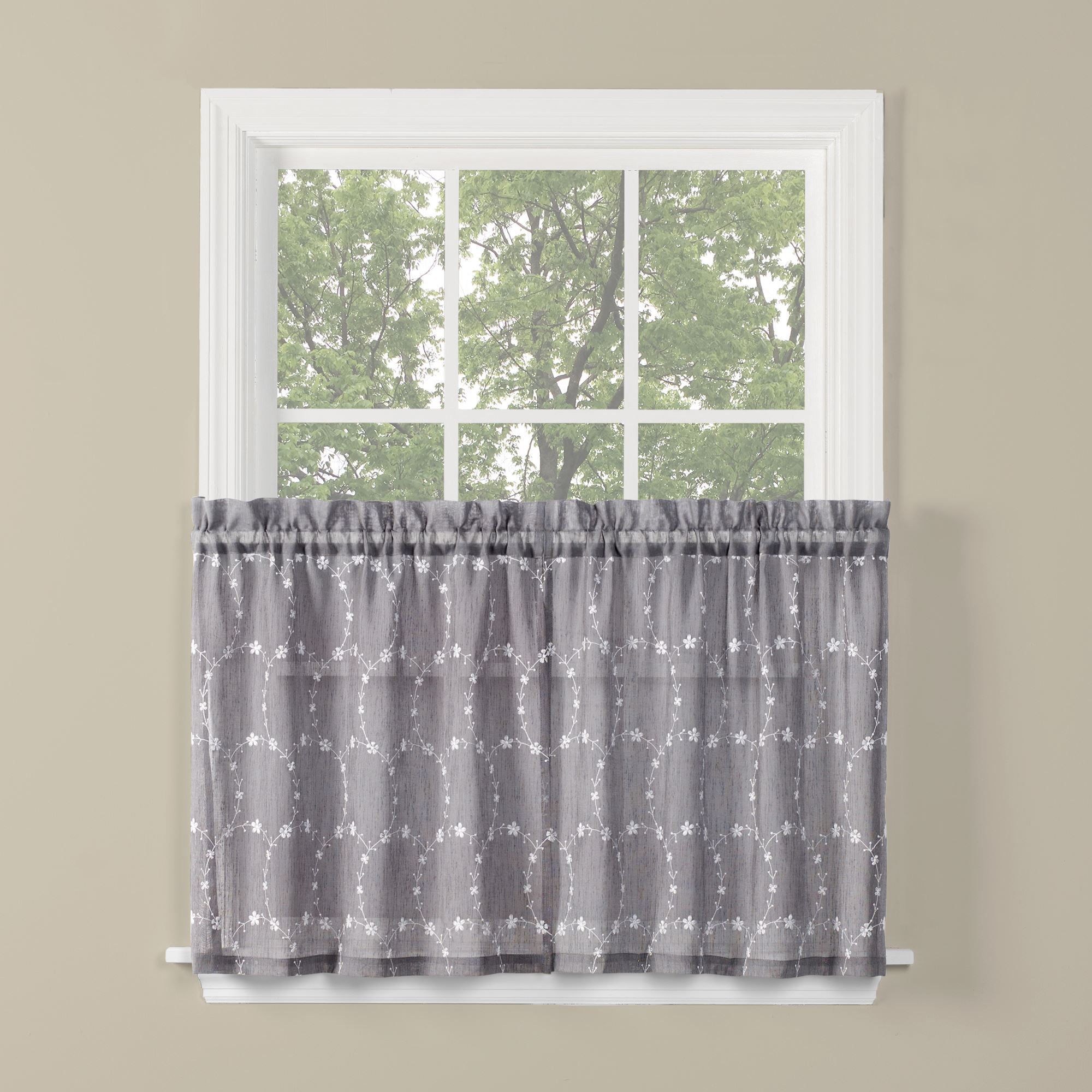 Dove Gray Sheer Floral Embroidered Polyester Window Tiers, 56x24