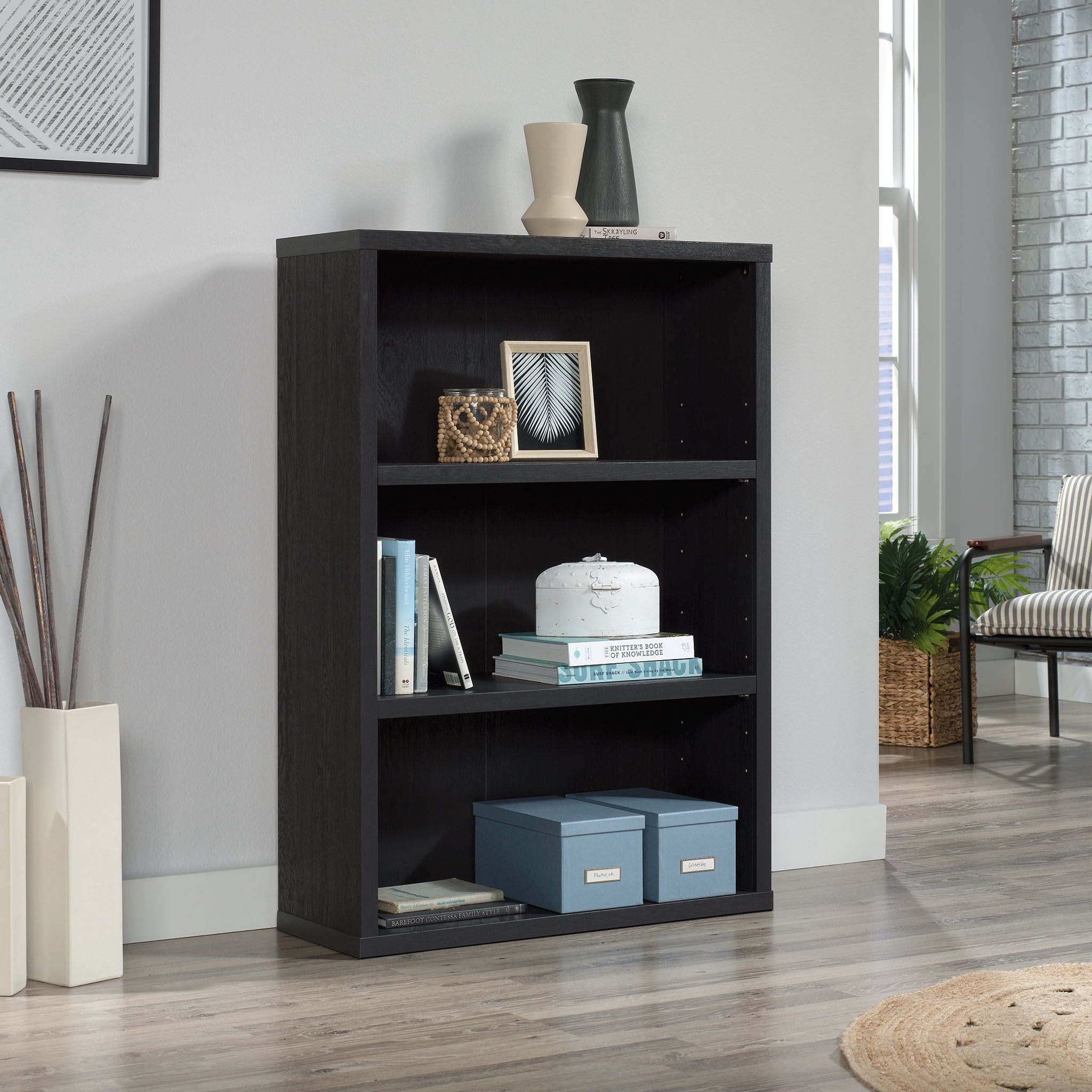 Raven Oak Adjustable 3-Shelf Black Bookcase