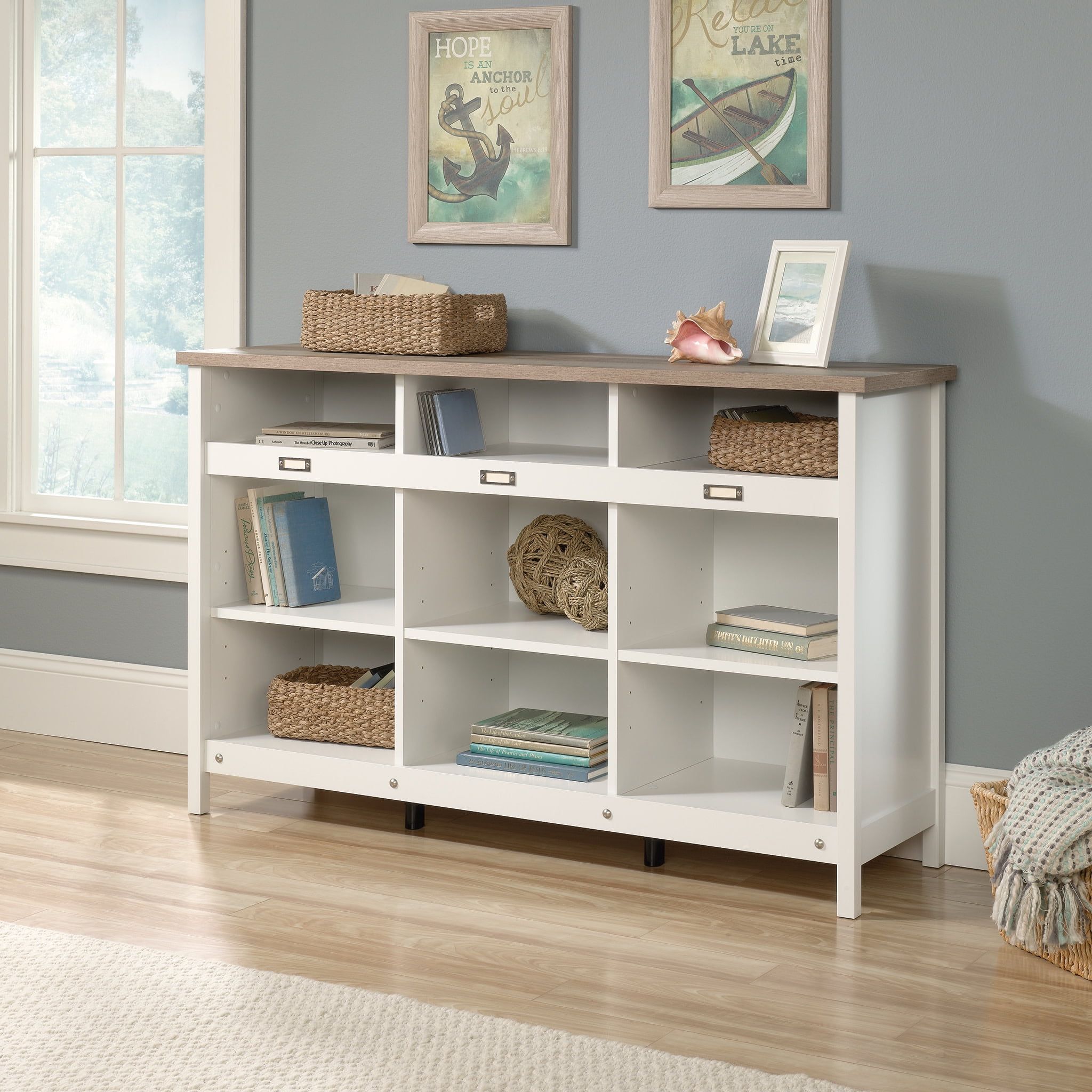 Soft White Adjustable 9-Cubby Storage Unit with Oak Accent