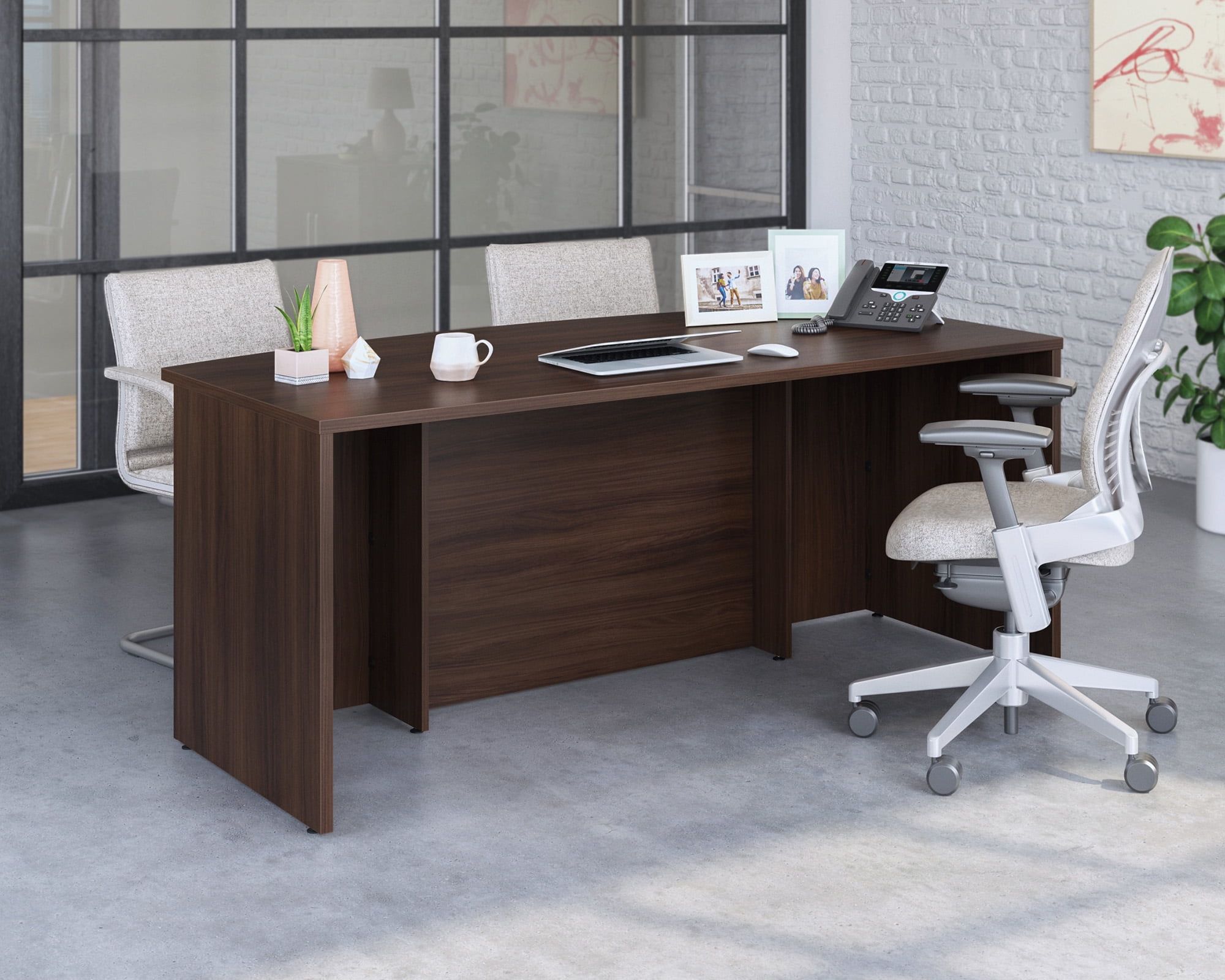 Noble Elm Brown Executive Bowfront Desk with Melamine Top