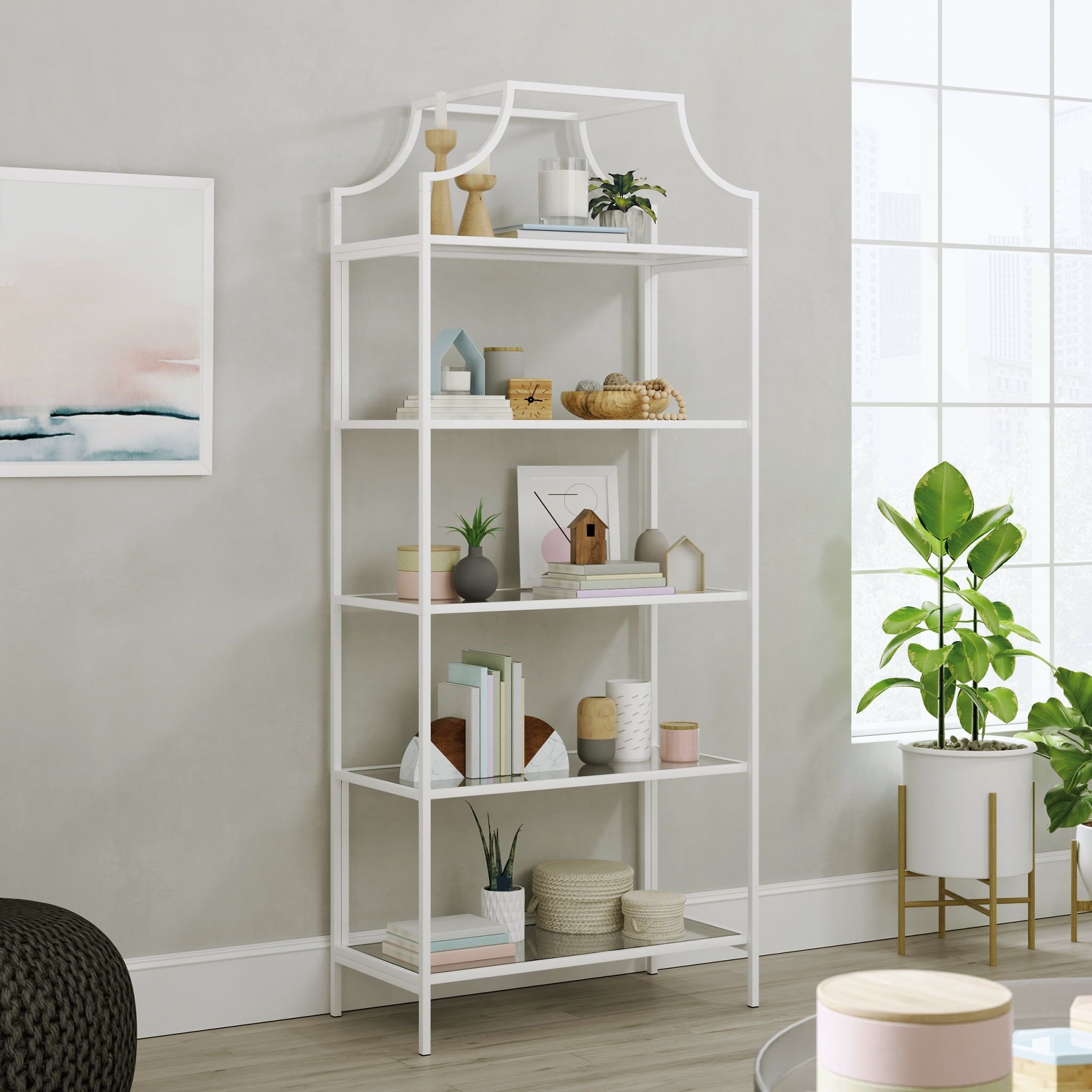 Elevate White Metal & Glass 5-Shelf Modern Bookcase