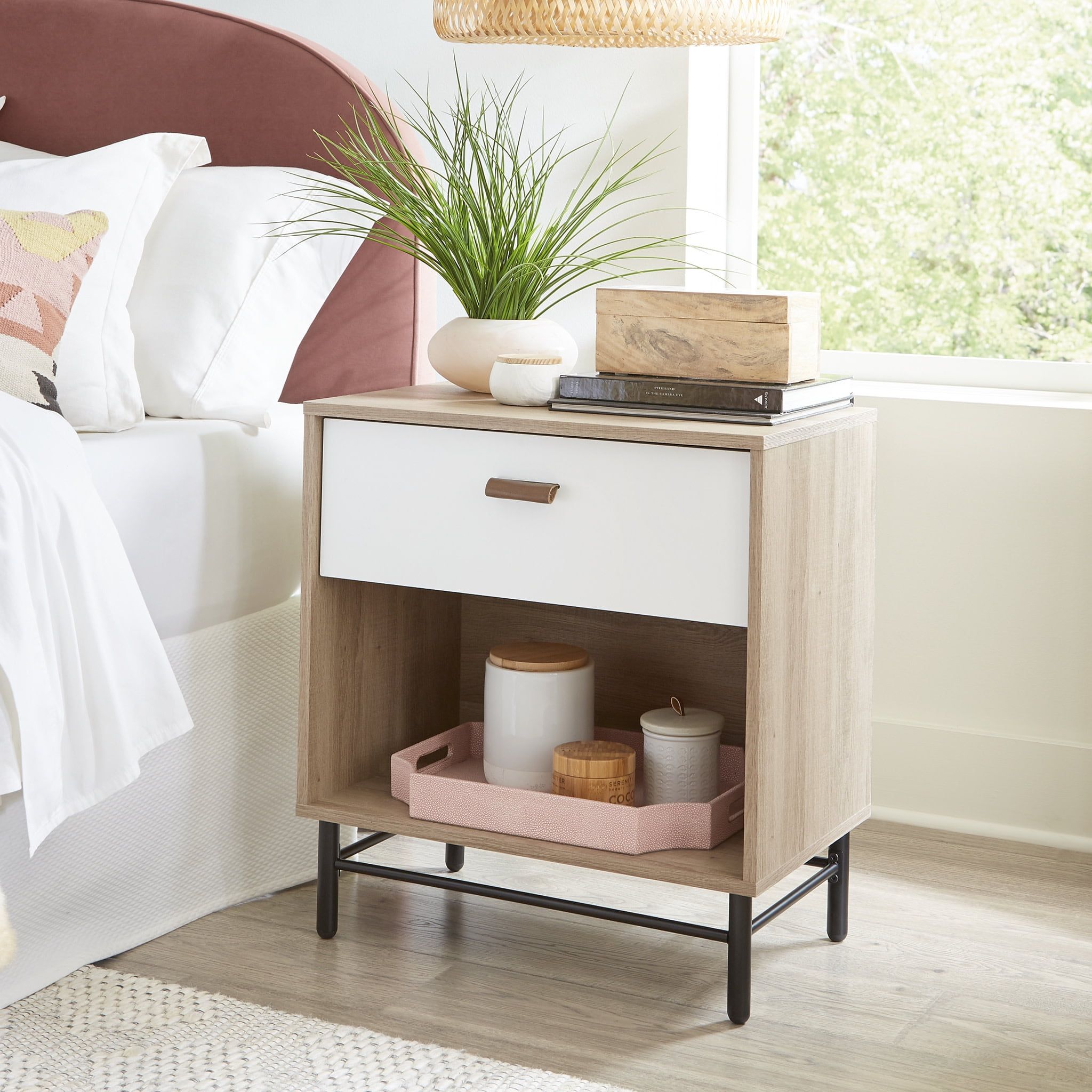 Sky Oak and White Single-Drawer Nightstand with Metal Base