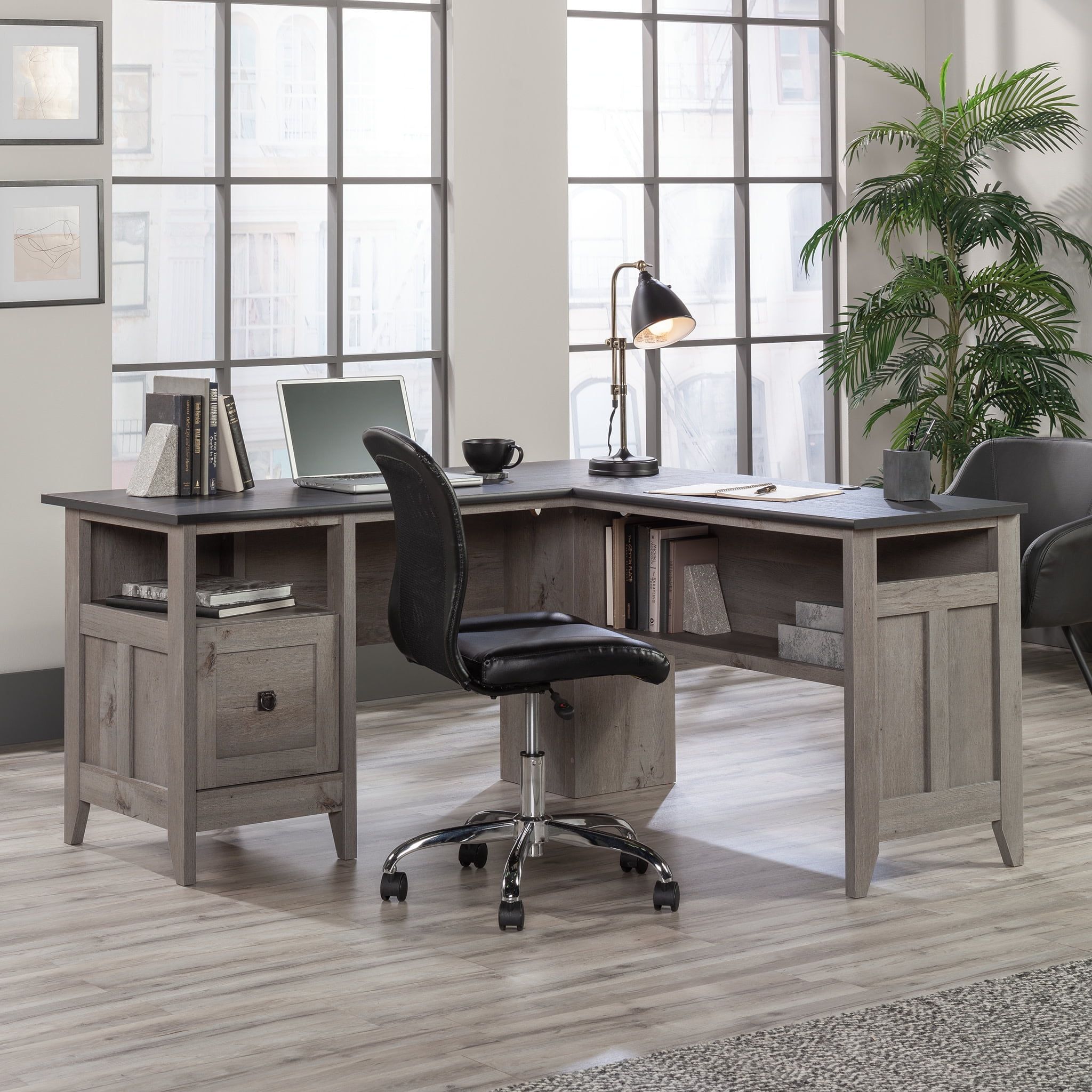 Mystic Oak L-Shaped Home Office Desk with Filing Cabinet