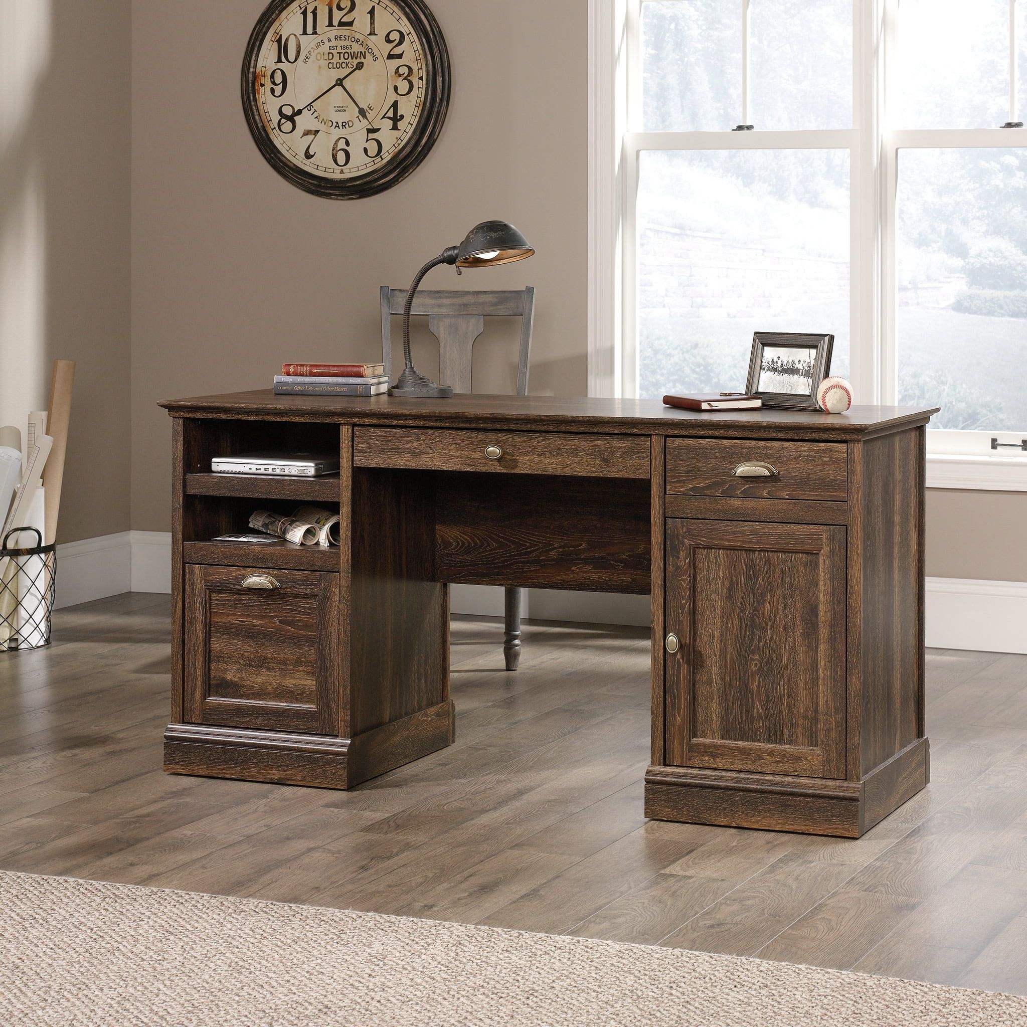 Iron Oak Executive Pedestal Desk with Gold Hardware