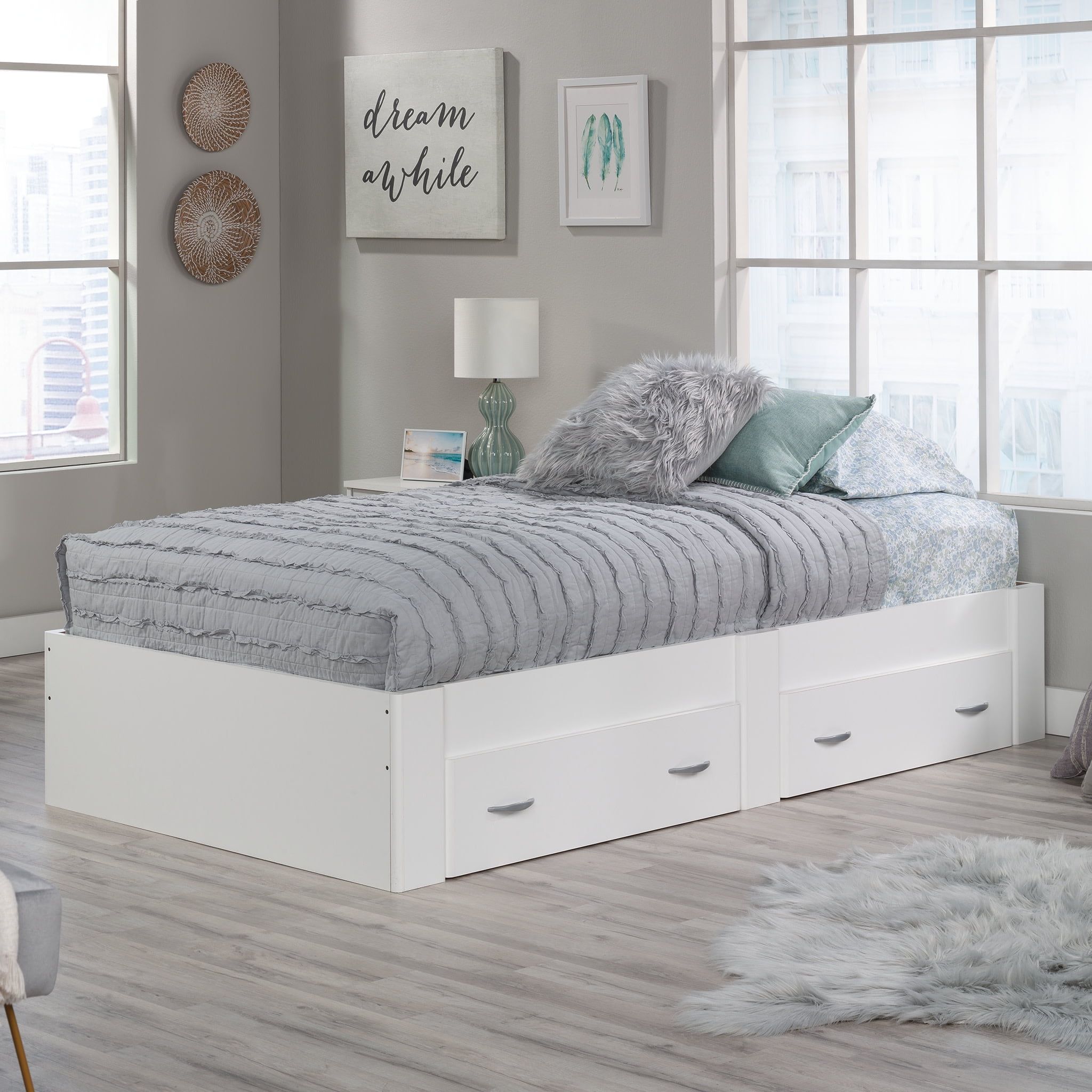 Soft White Twin Platform Bed with 2 Storage Drawers