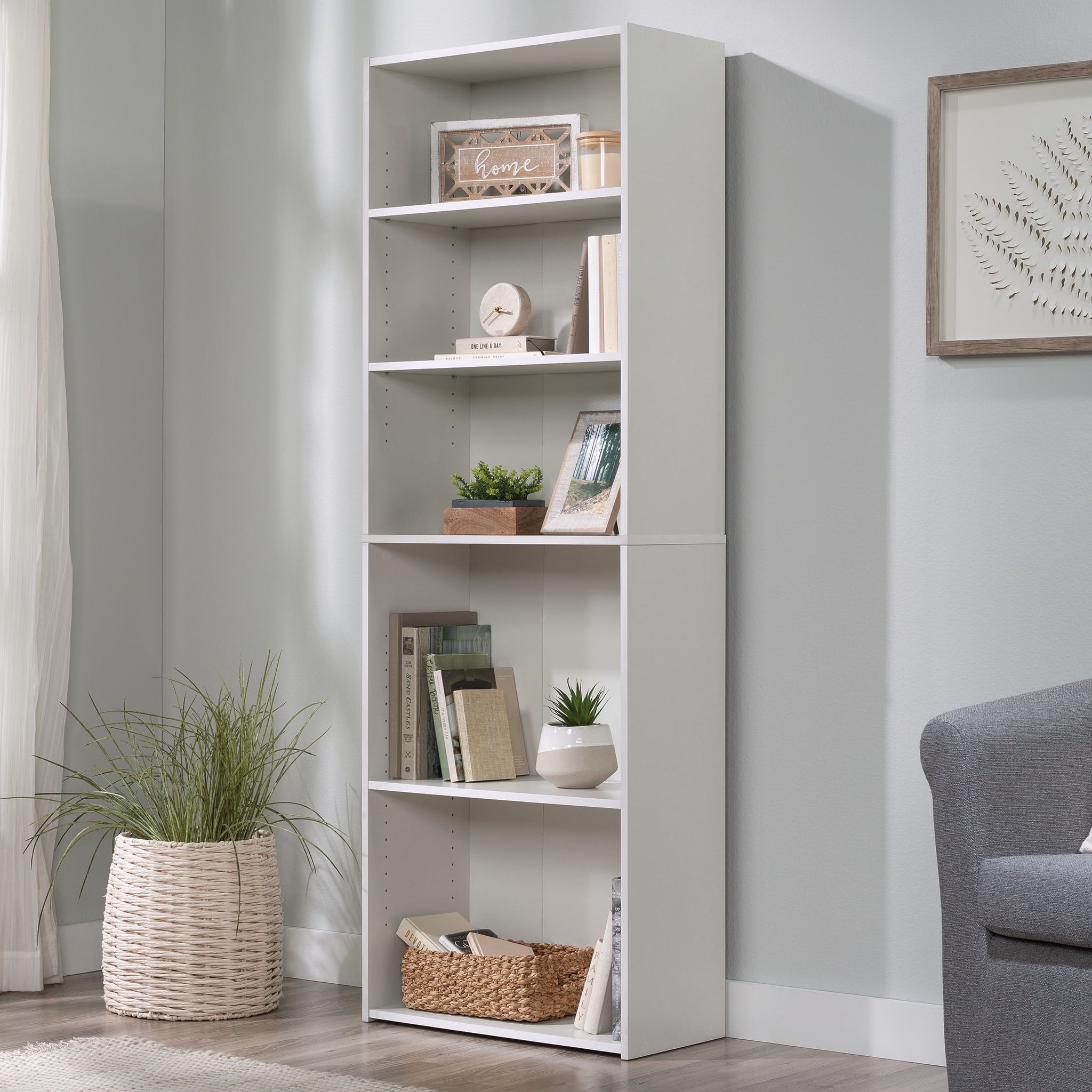 Soft White Adjustable 5-Shelf Wood Bookcase