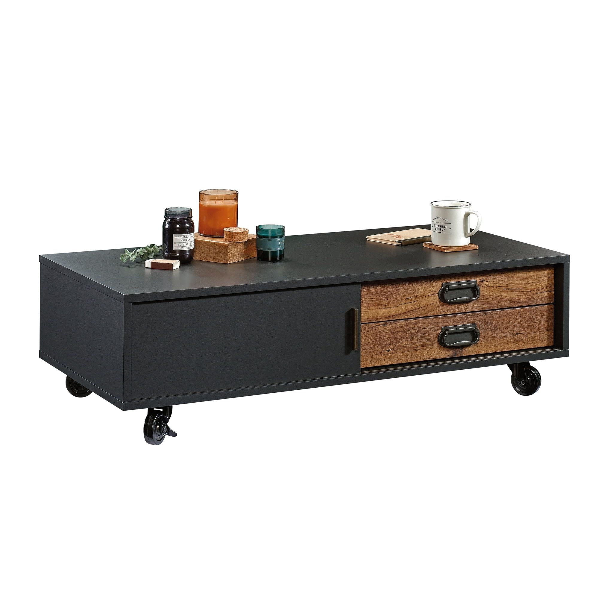 Rectangular Black and Vintage Oak Wood Coffee Table with Storage