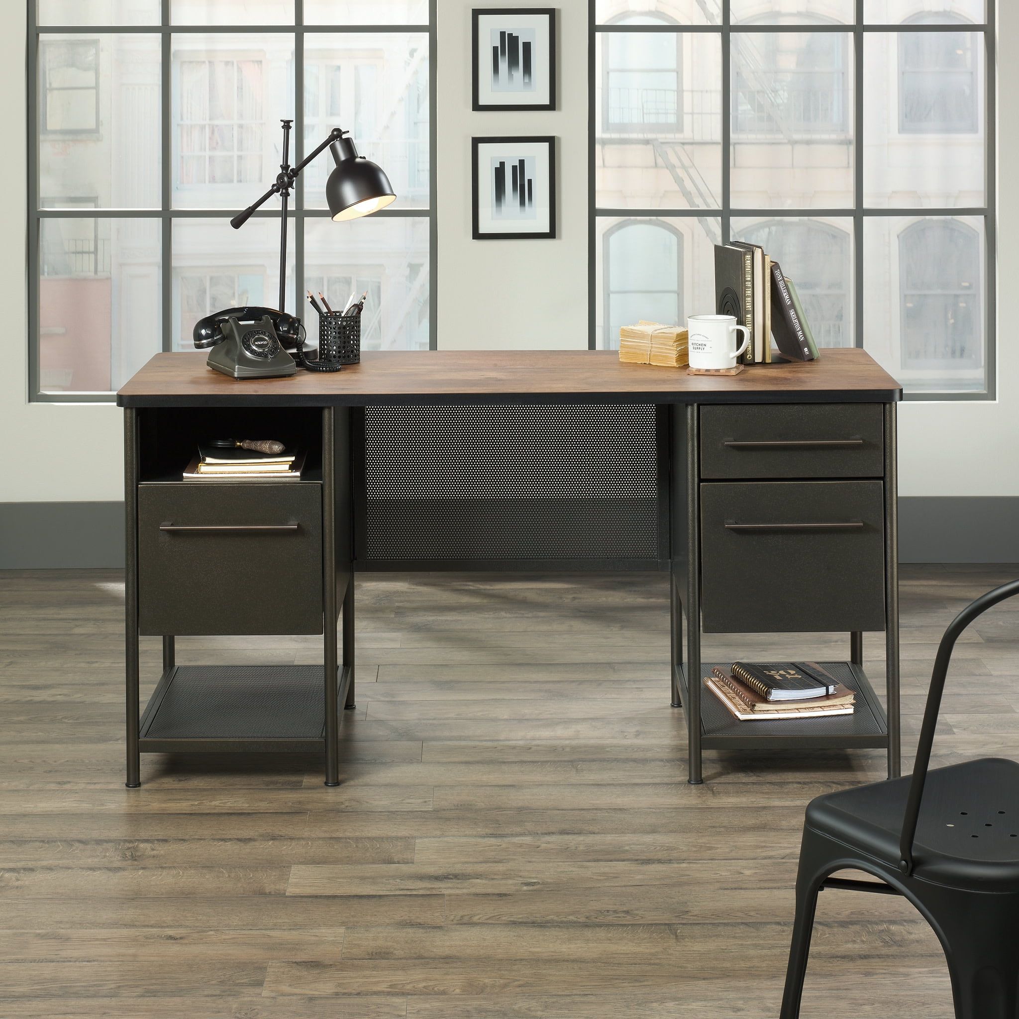 Black Executive Desk with Drawers and Oak Accent