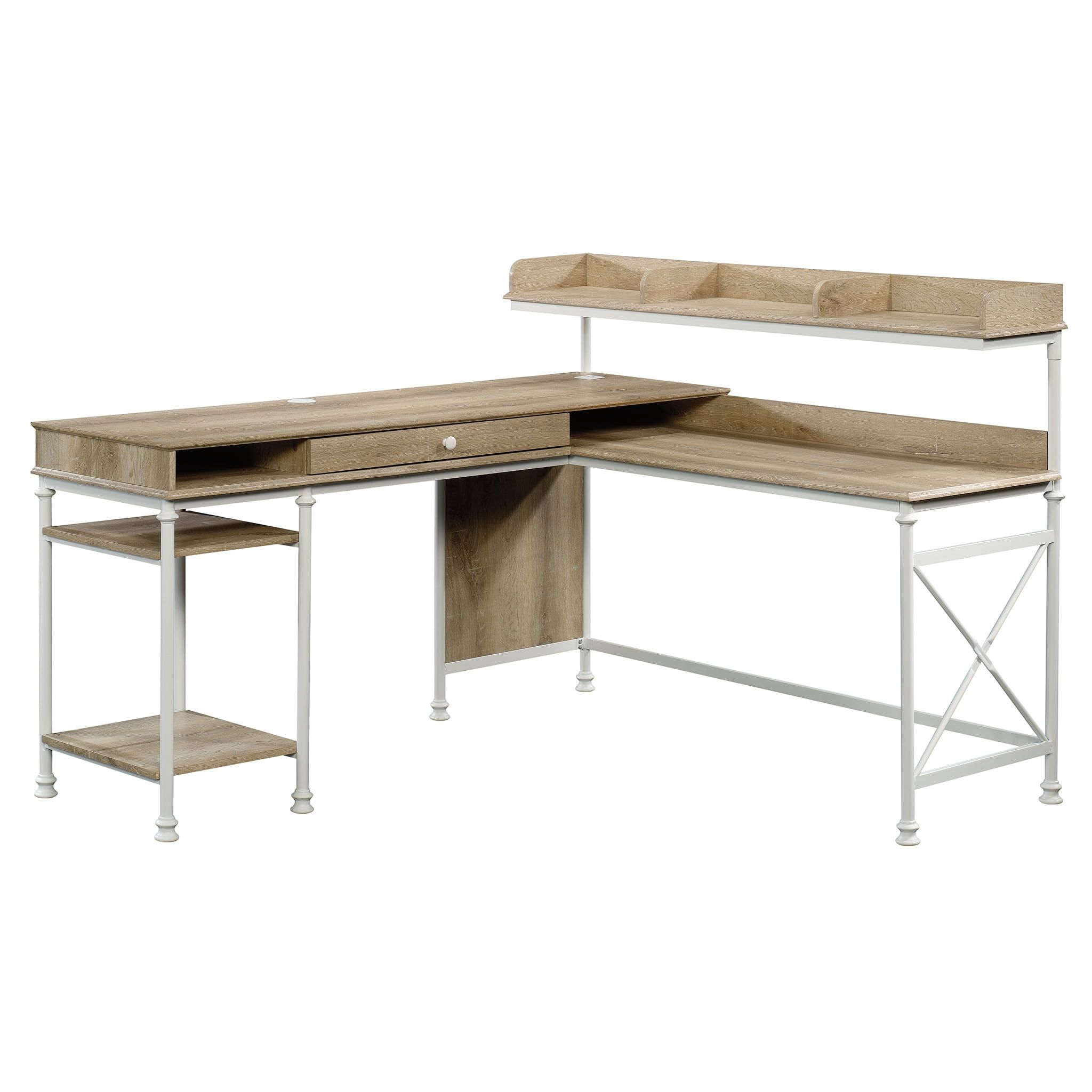 Coastal Oak L-Shaped Computer Desk with Drawer and USB Port