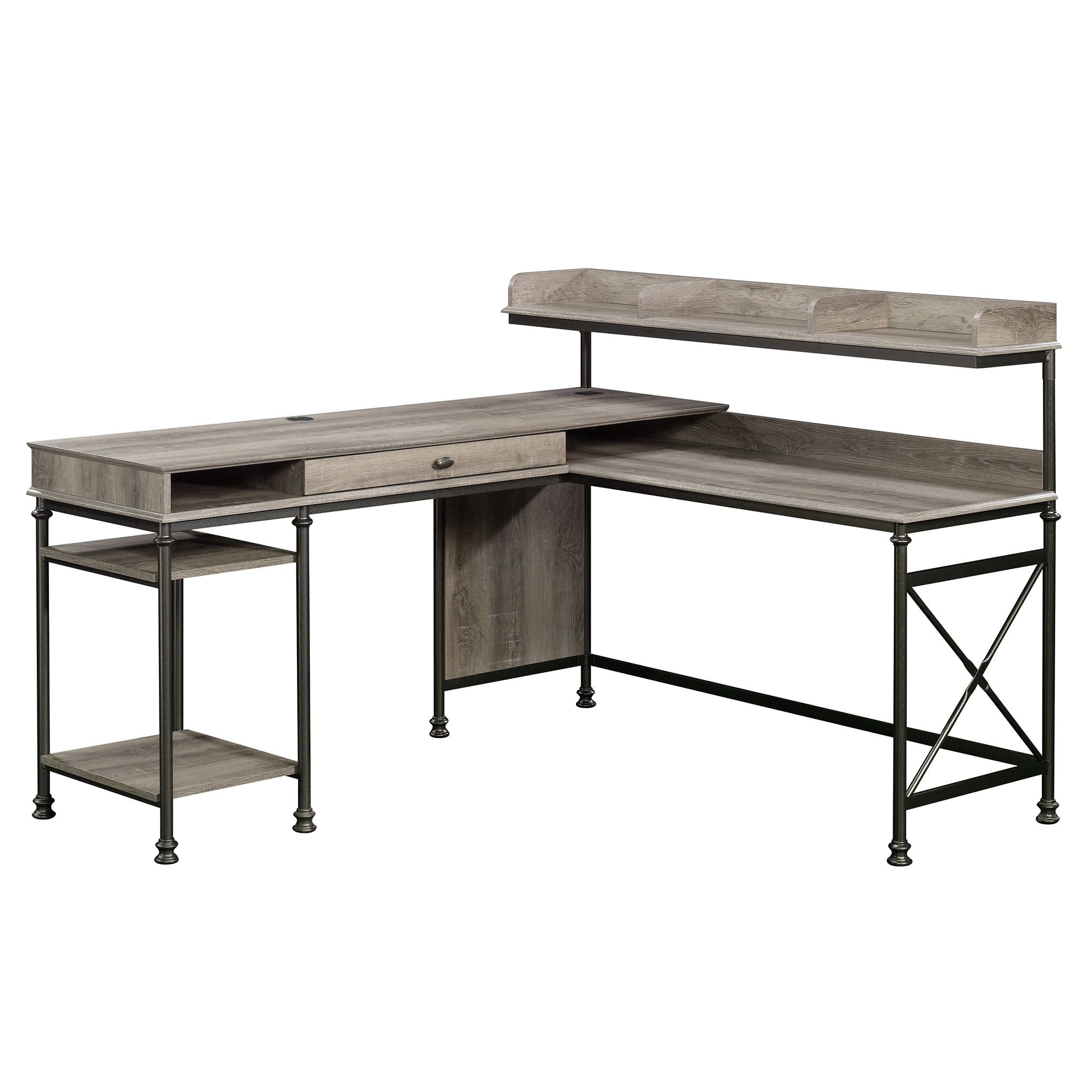 Northern Oak L-Shaped Industrial Computer Desk with USB Port