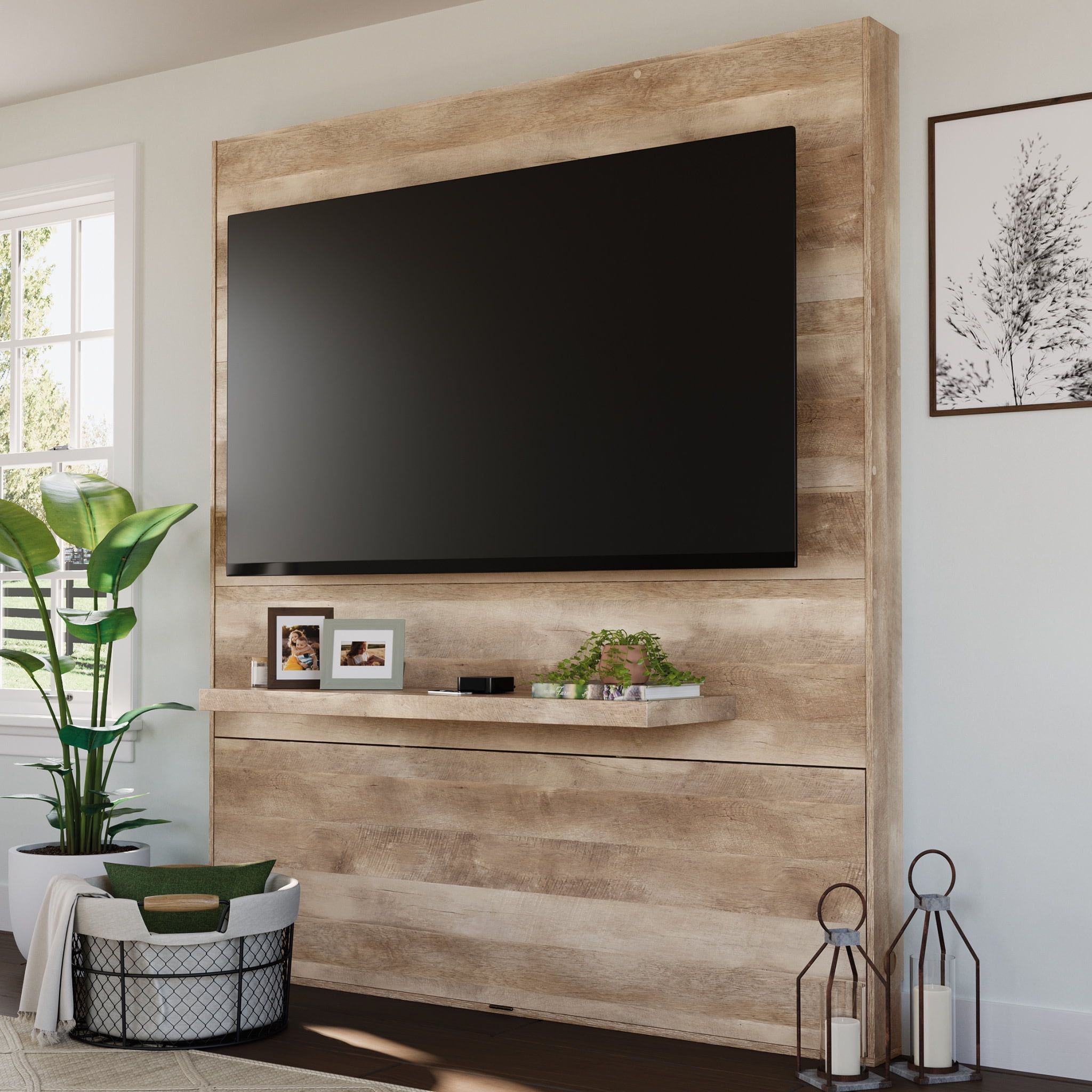 Lintel Oak 84" Entertainment Wall with Floating Shelf and LED Lights