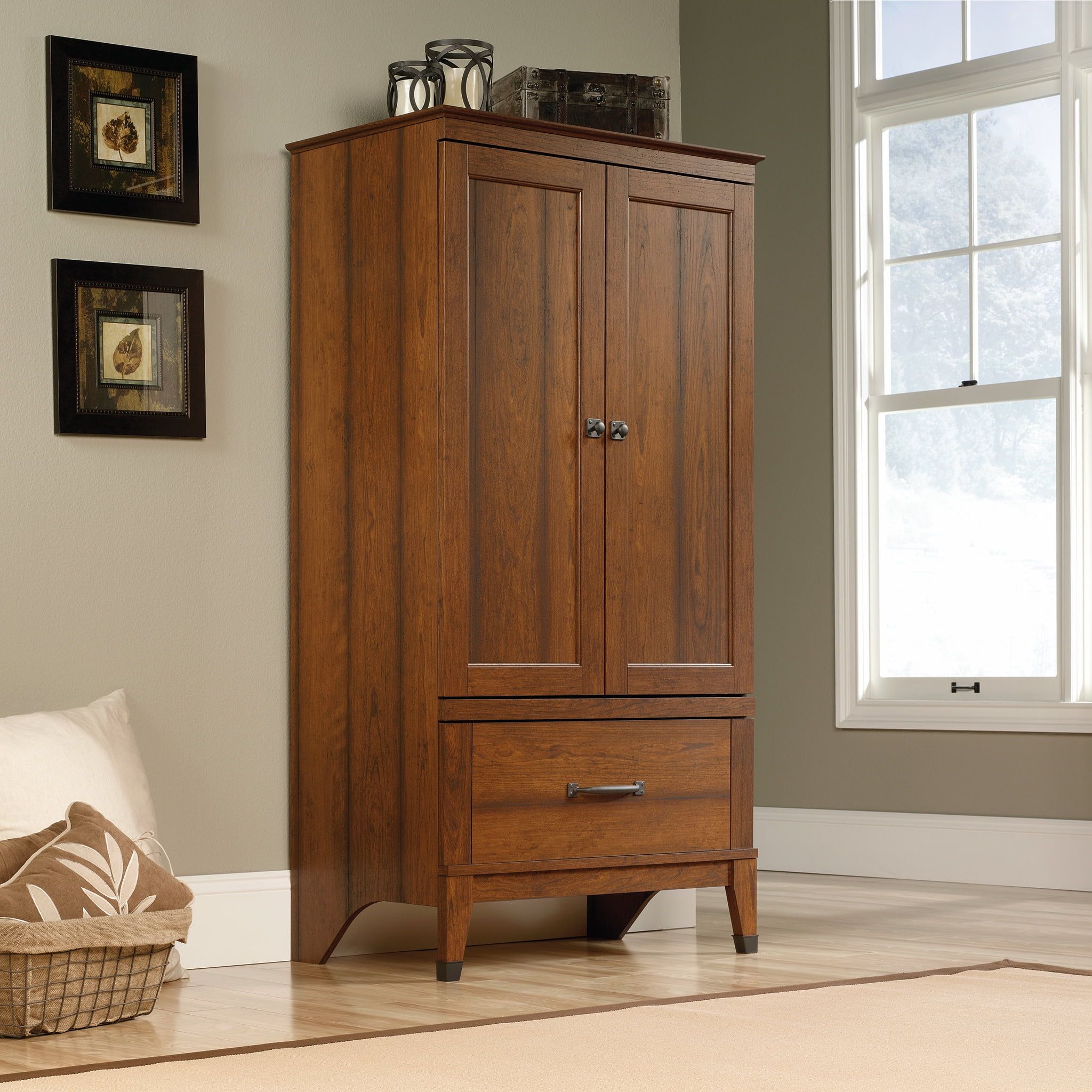 Washington Cherry Engineered Wood Armoire with Iron Hardware