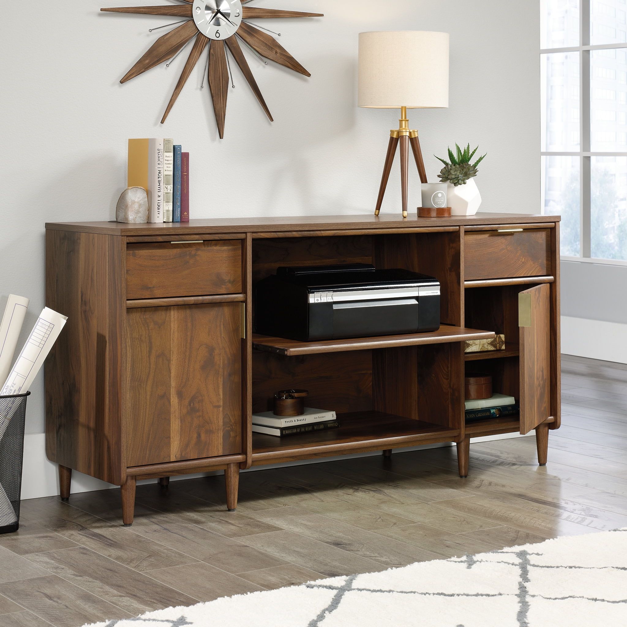 Grand Walnut Mid-Century 59'' Storage Credenza with Brass Accents