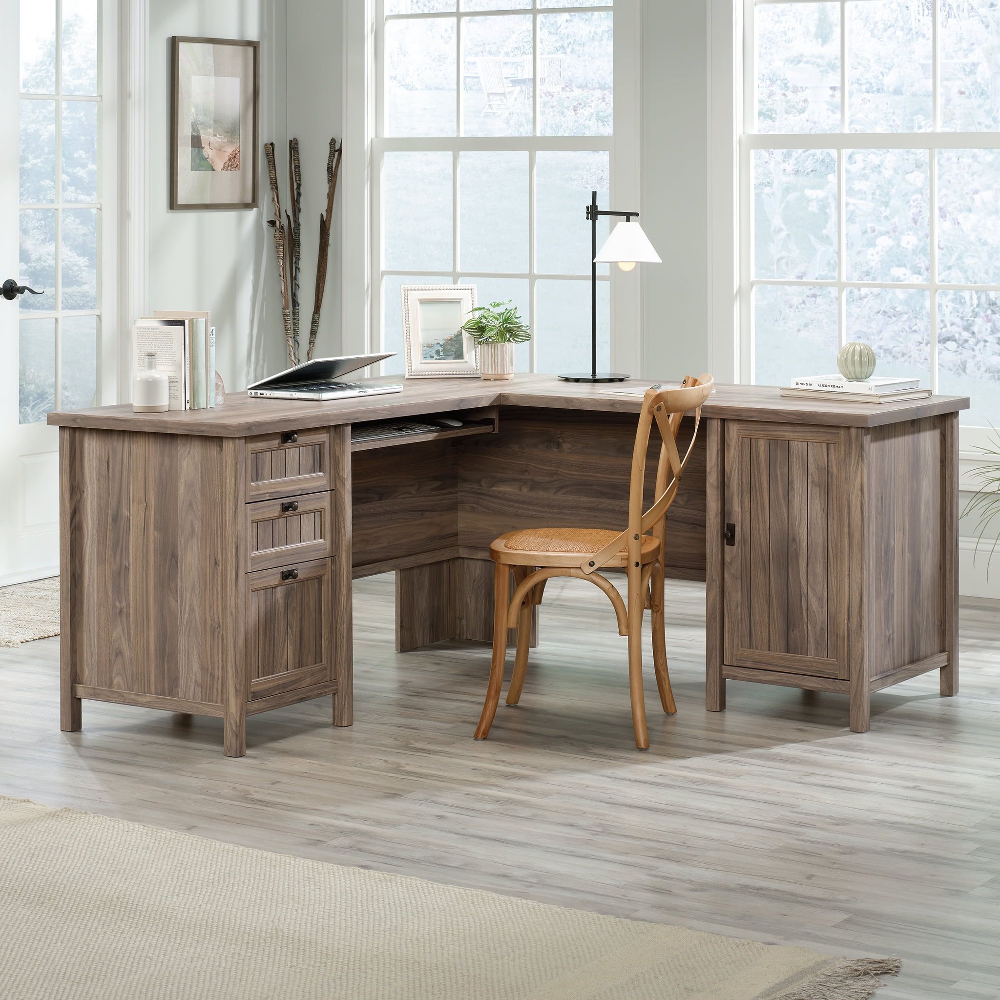 Washed Walnut L-Shaped Corner Computer Desk with Drawer and Keyboard Tray