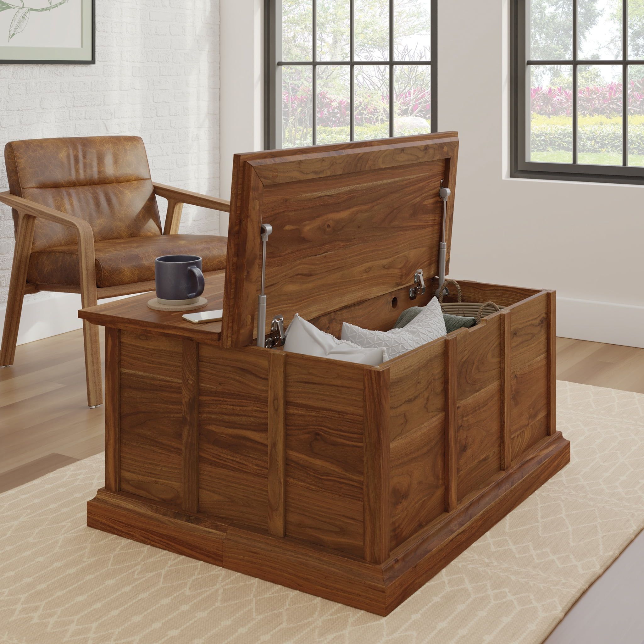 Grand Walnut Lift-Top Storage Coffee Table with Metal Accents