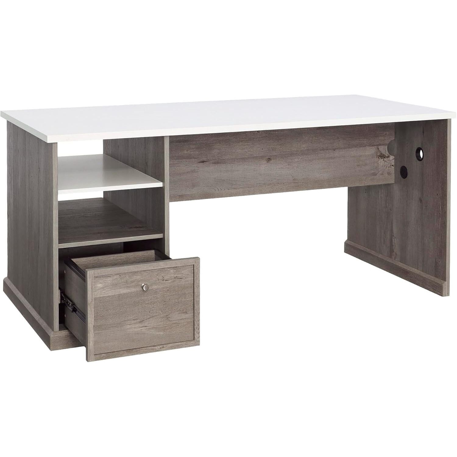 Mystic Oak and White Craft Table with Drawer and Power Outlet