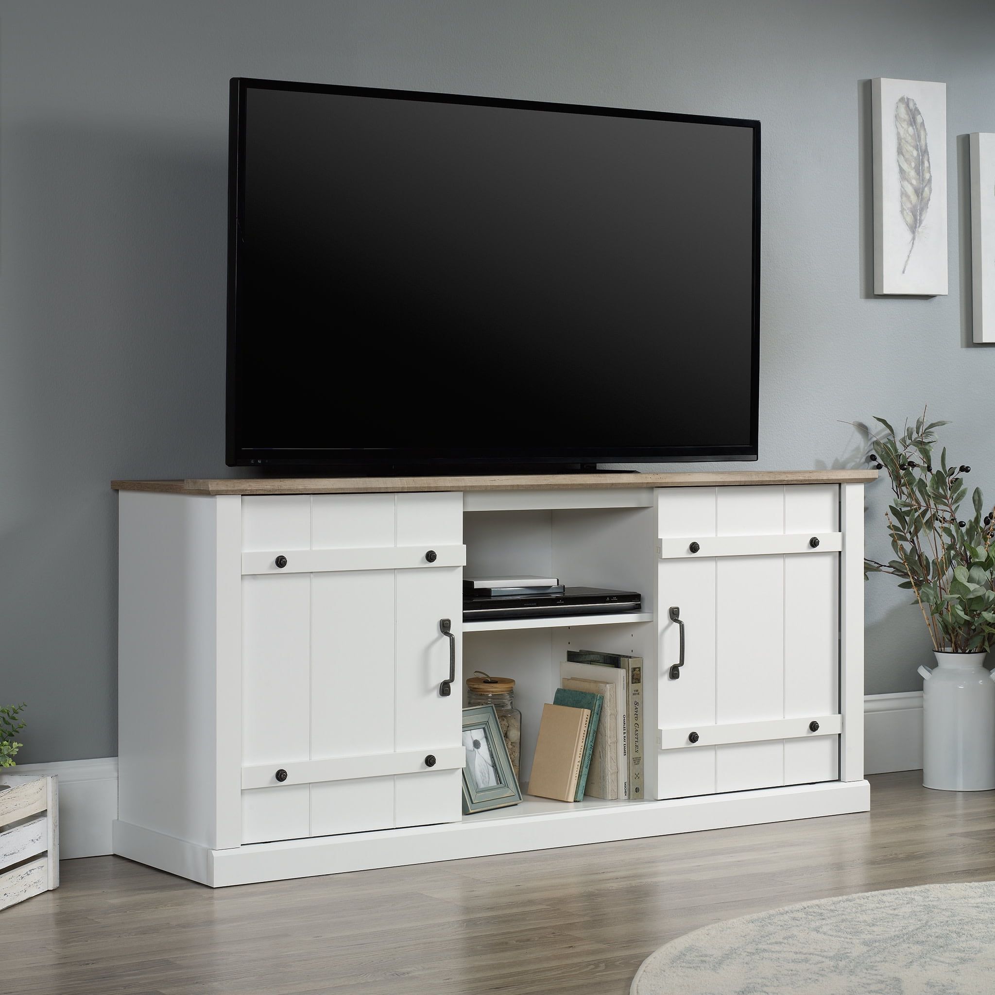 Soft White Farmhouse TV Stand with Oak Accent for 70" TVs