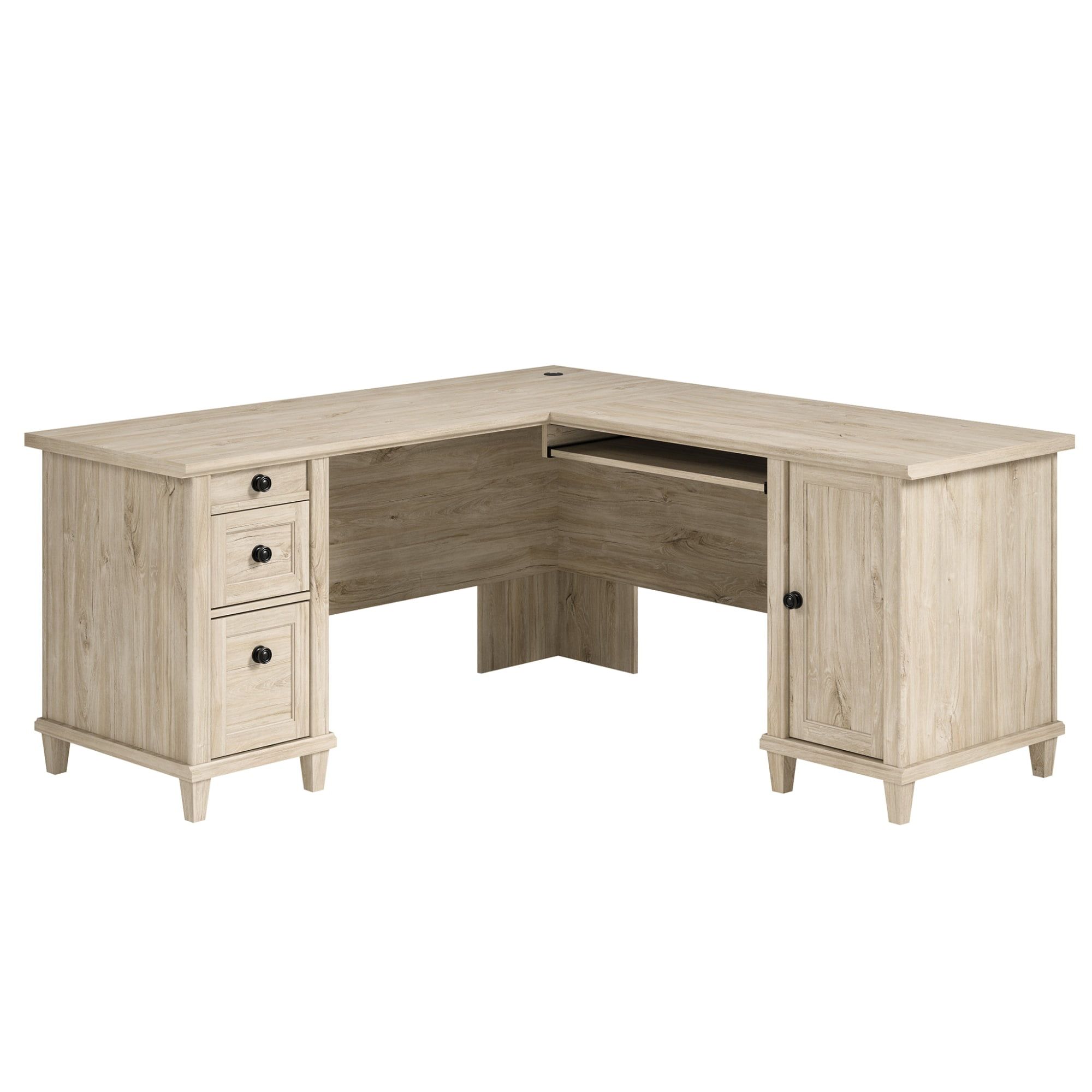 Chalk Oak L-Shaped Corner Desk with Drawers and Keyboard Tray