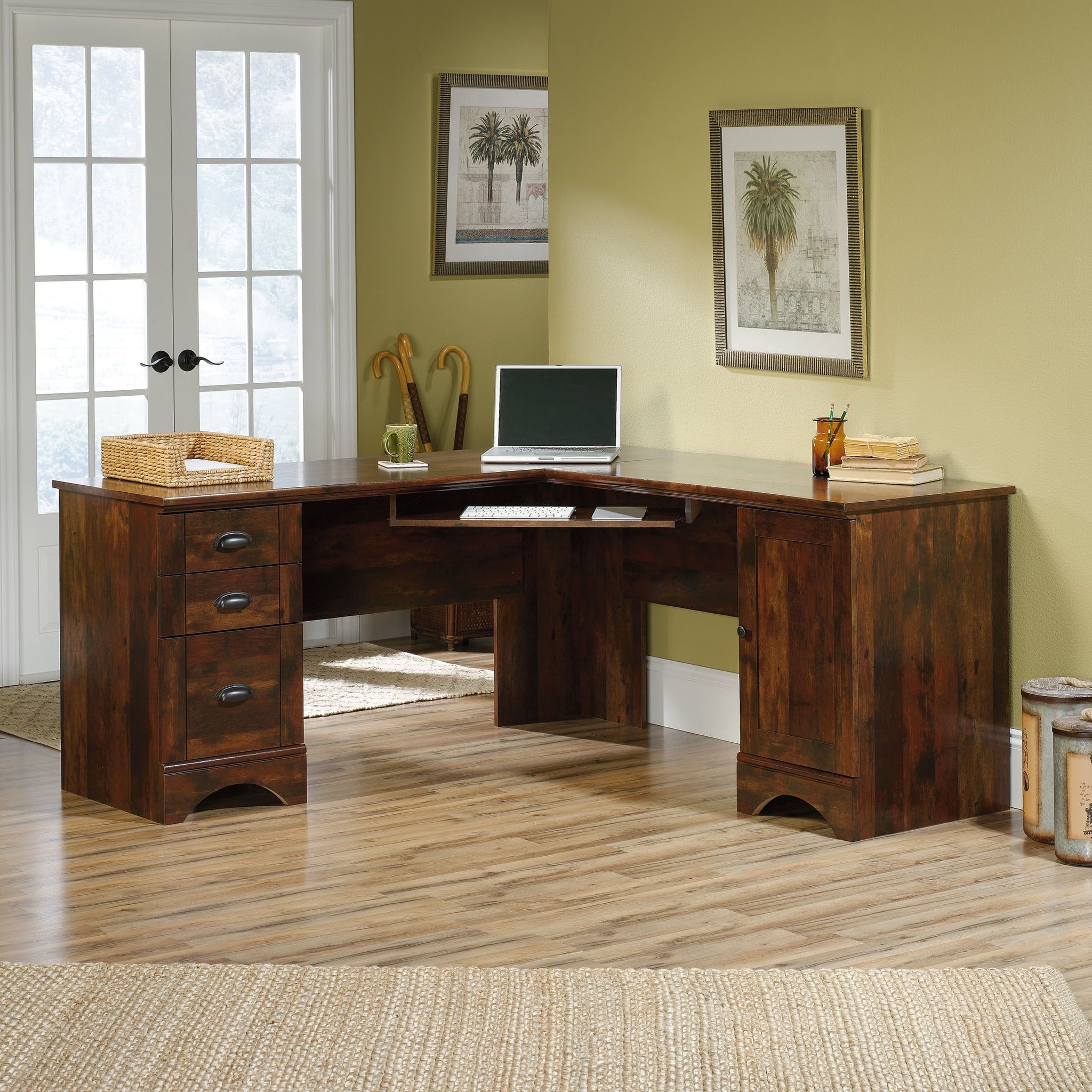 Curado Cherry L-Shaped Wood Corner Computer Desk with Drawers