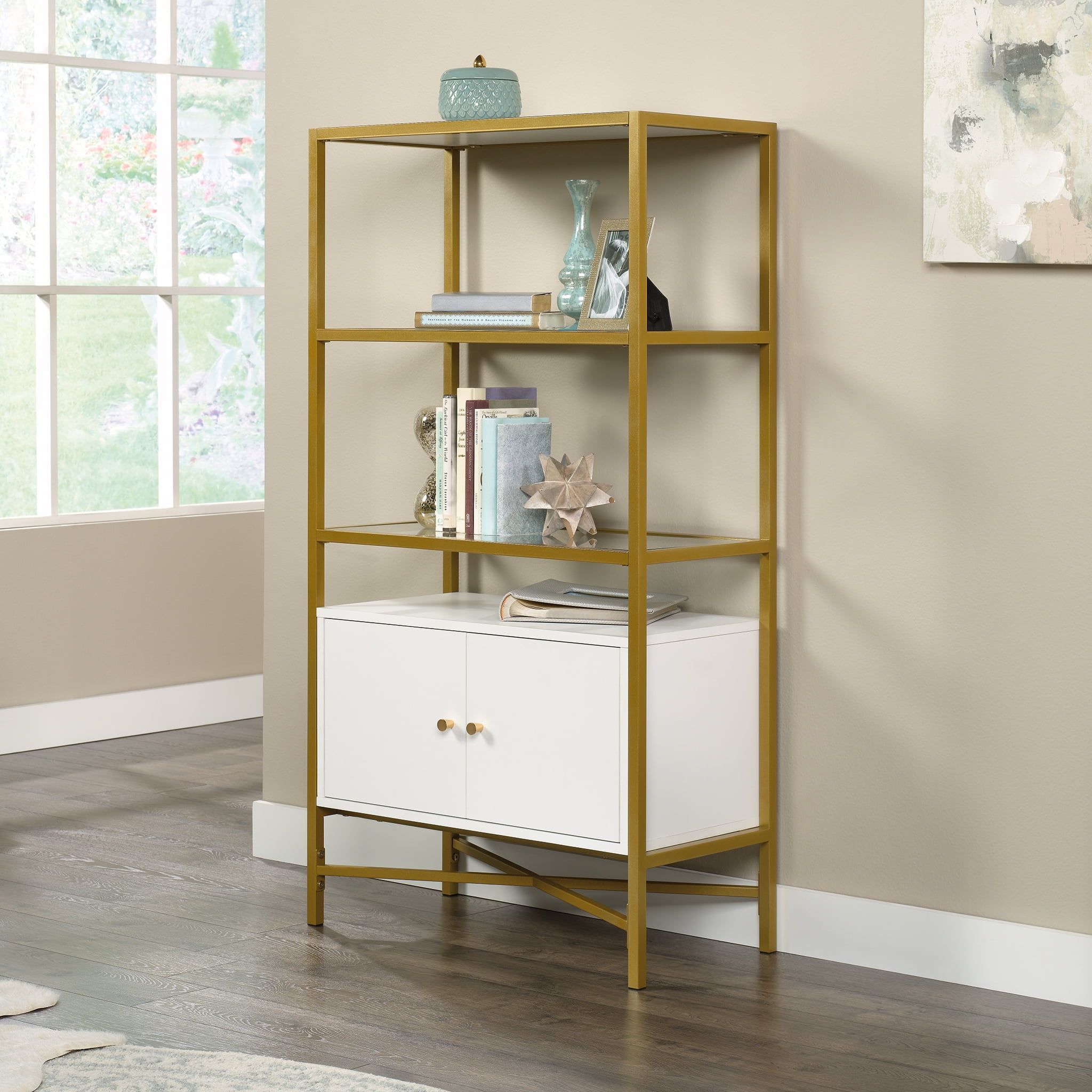 White and Gold Adjustable Bookcase with Doors