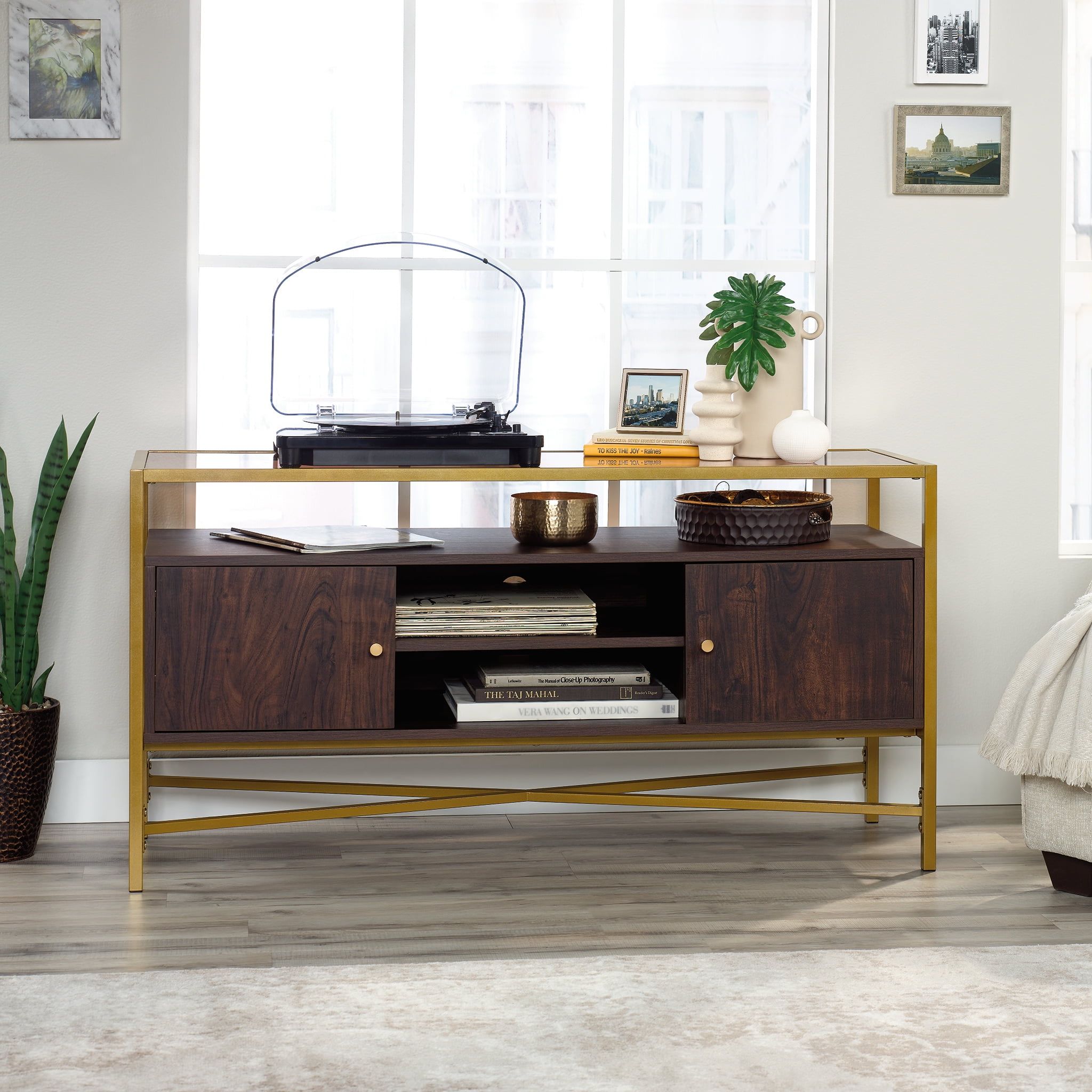 Rich Walnut Contemporary Storage Credenza with Glass Top