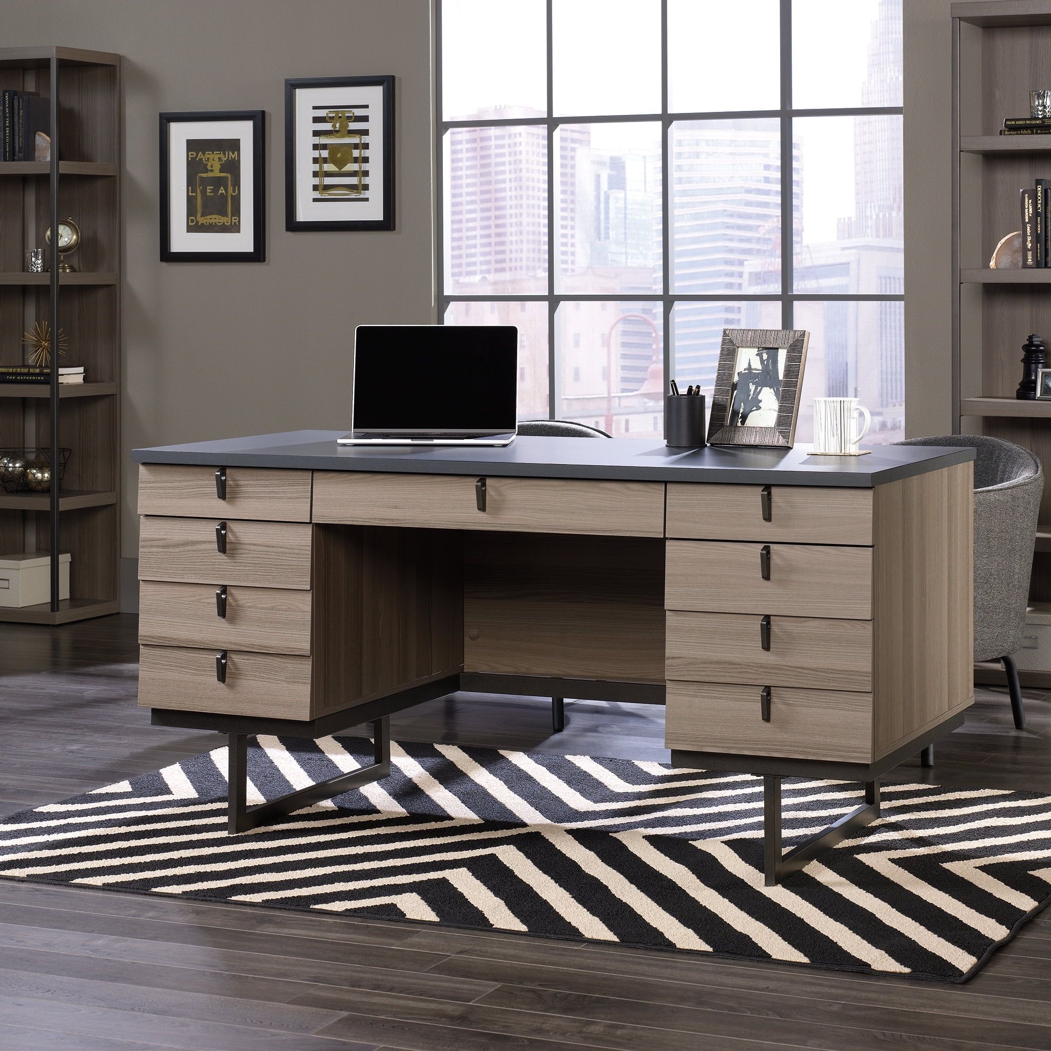 Black and Ash Wood Executive Desk with Filing Cabinet