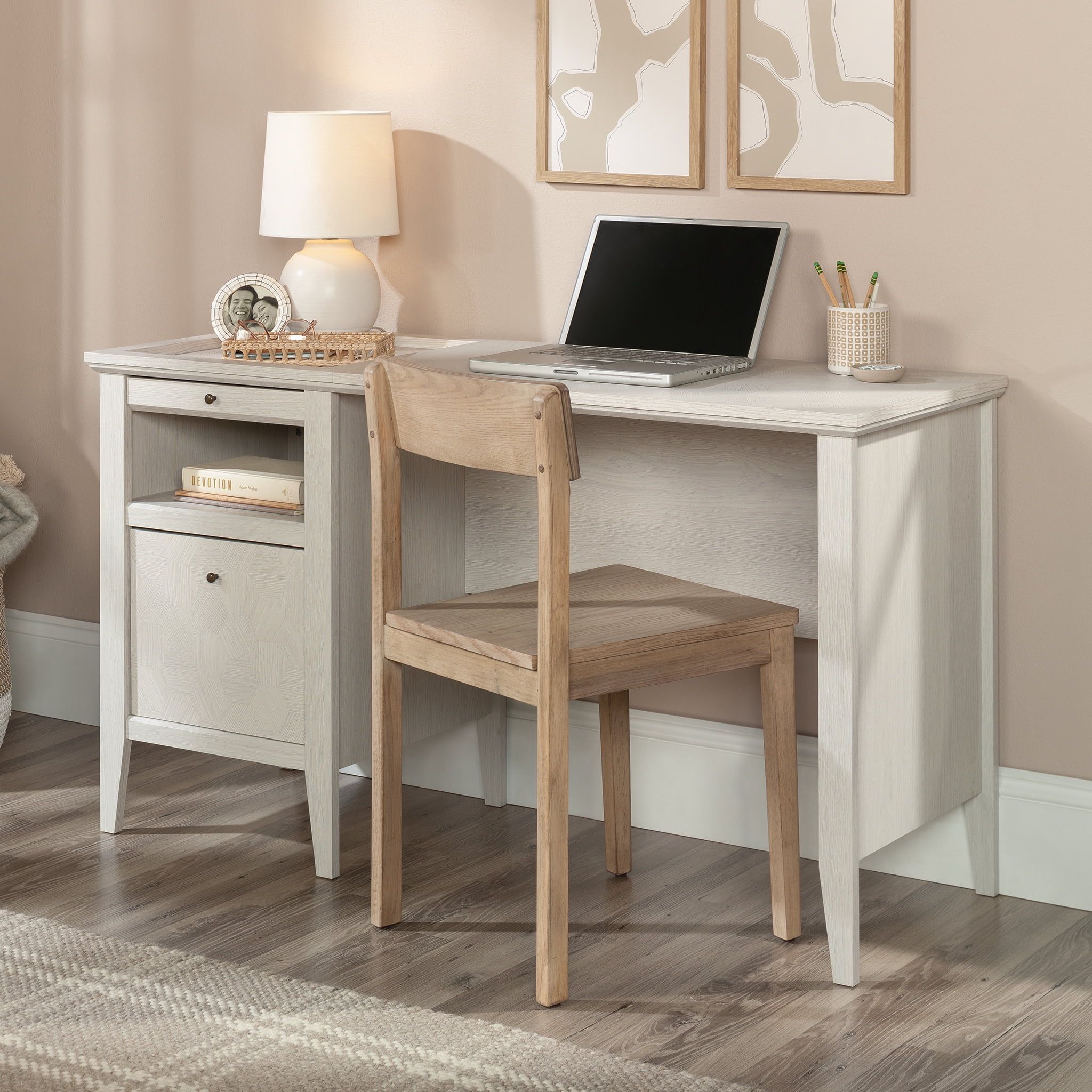 Glacier Oak Hexagon Pattern Pedestal Desk with Drawer