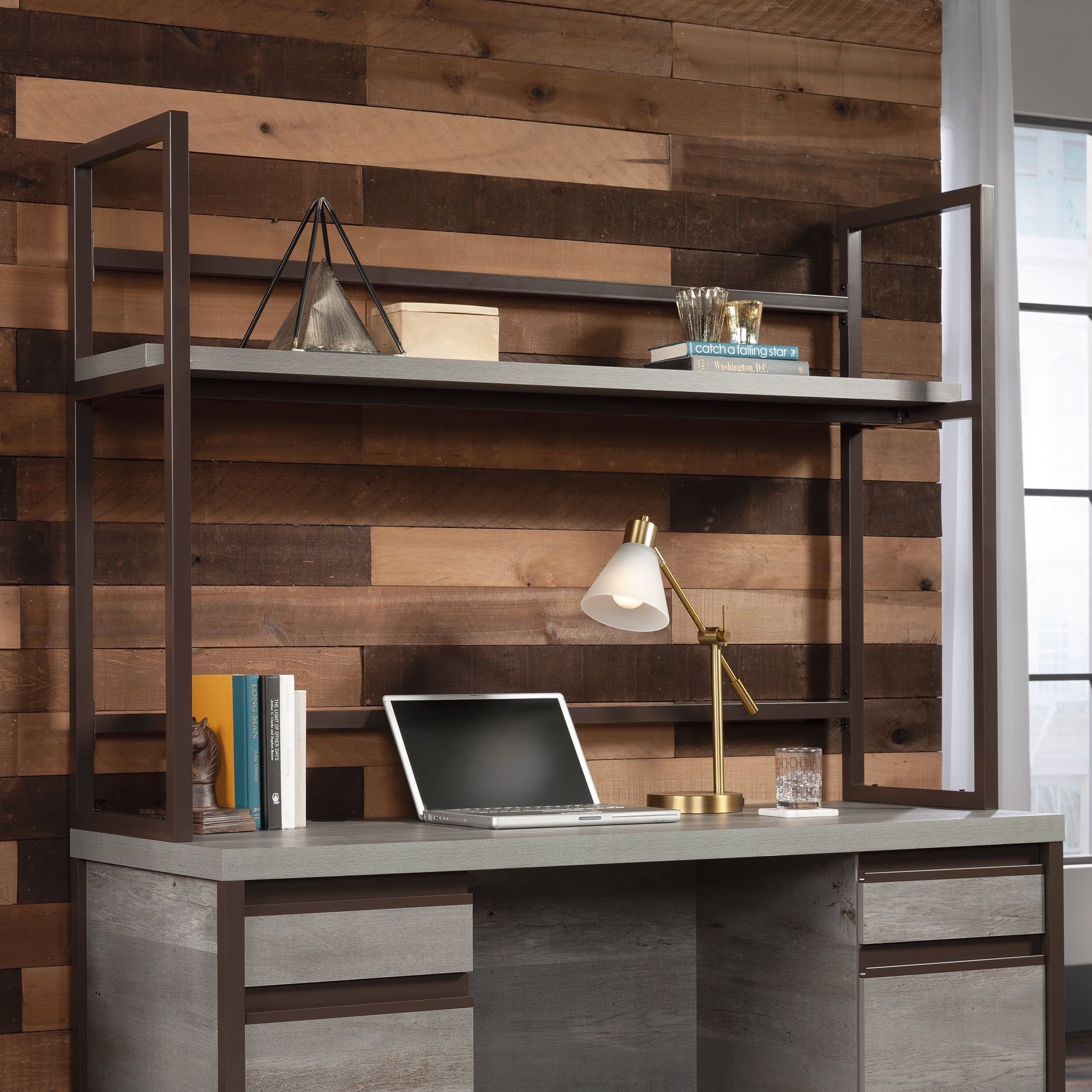 Mystic Oak Gray Wood Computer Hutch with Shelves