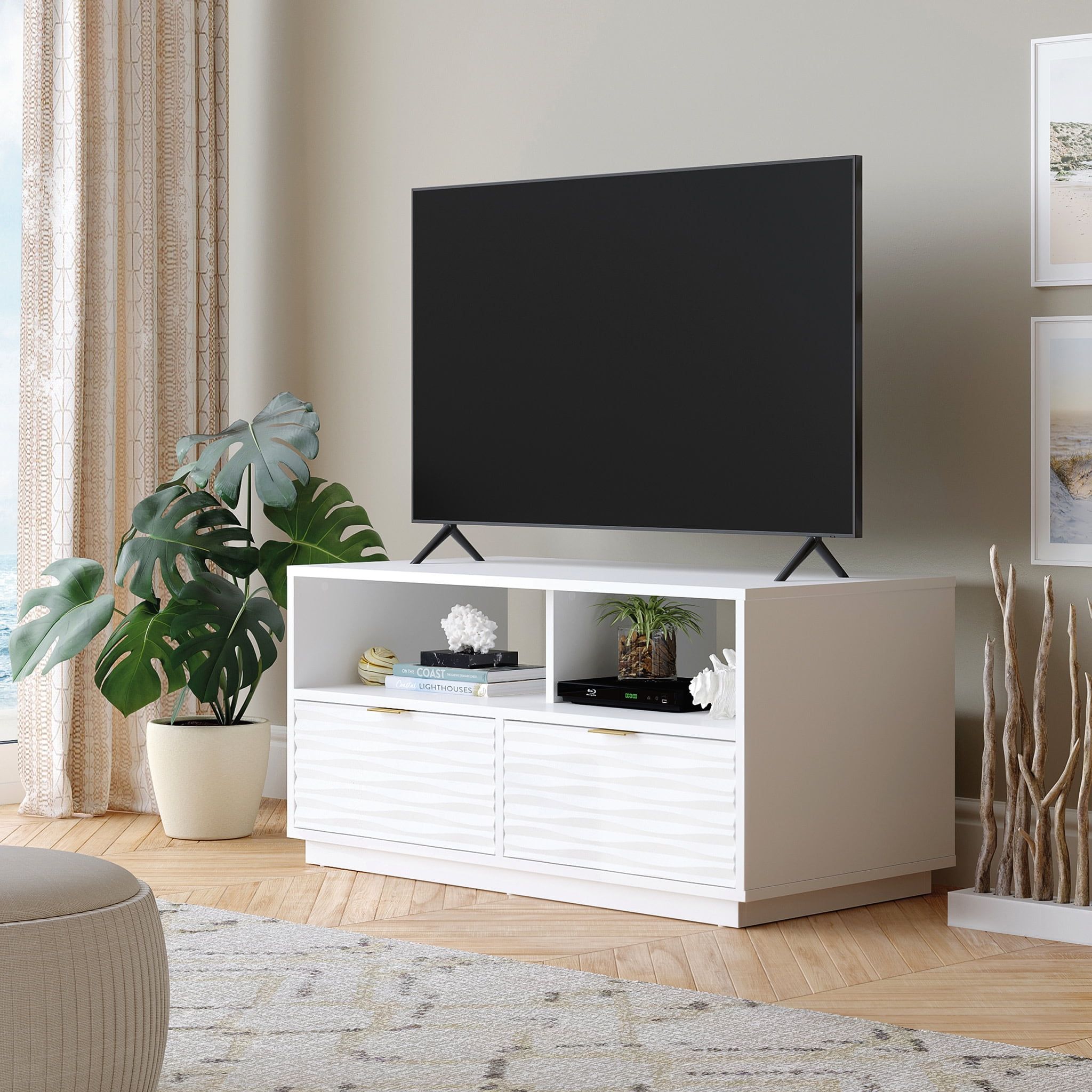 White Modern TV Stand with Drawers and Open Storage