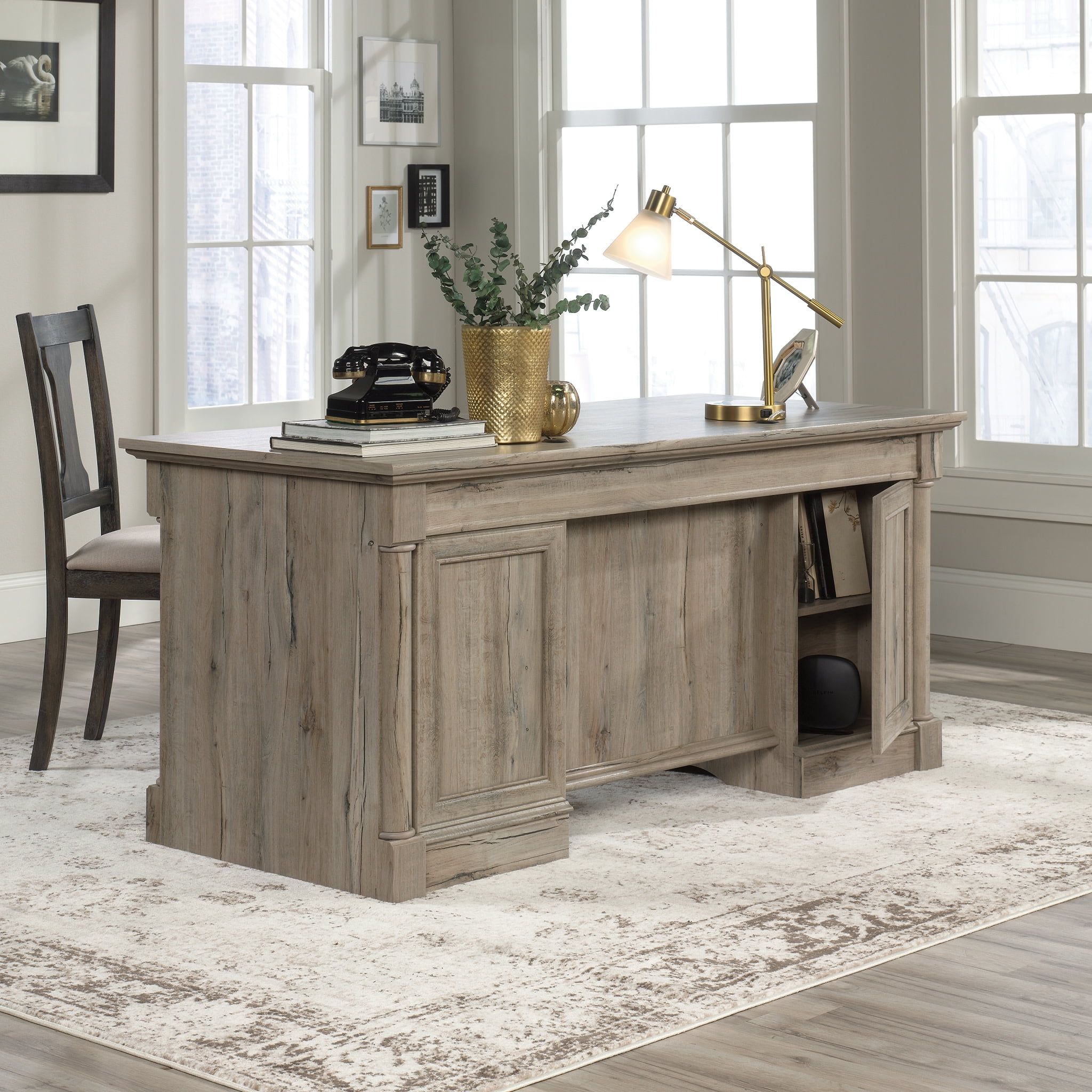 Palladia Split Oak Executive Desk with Power Outlet and File Storage