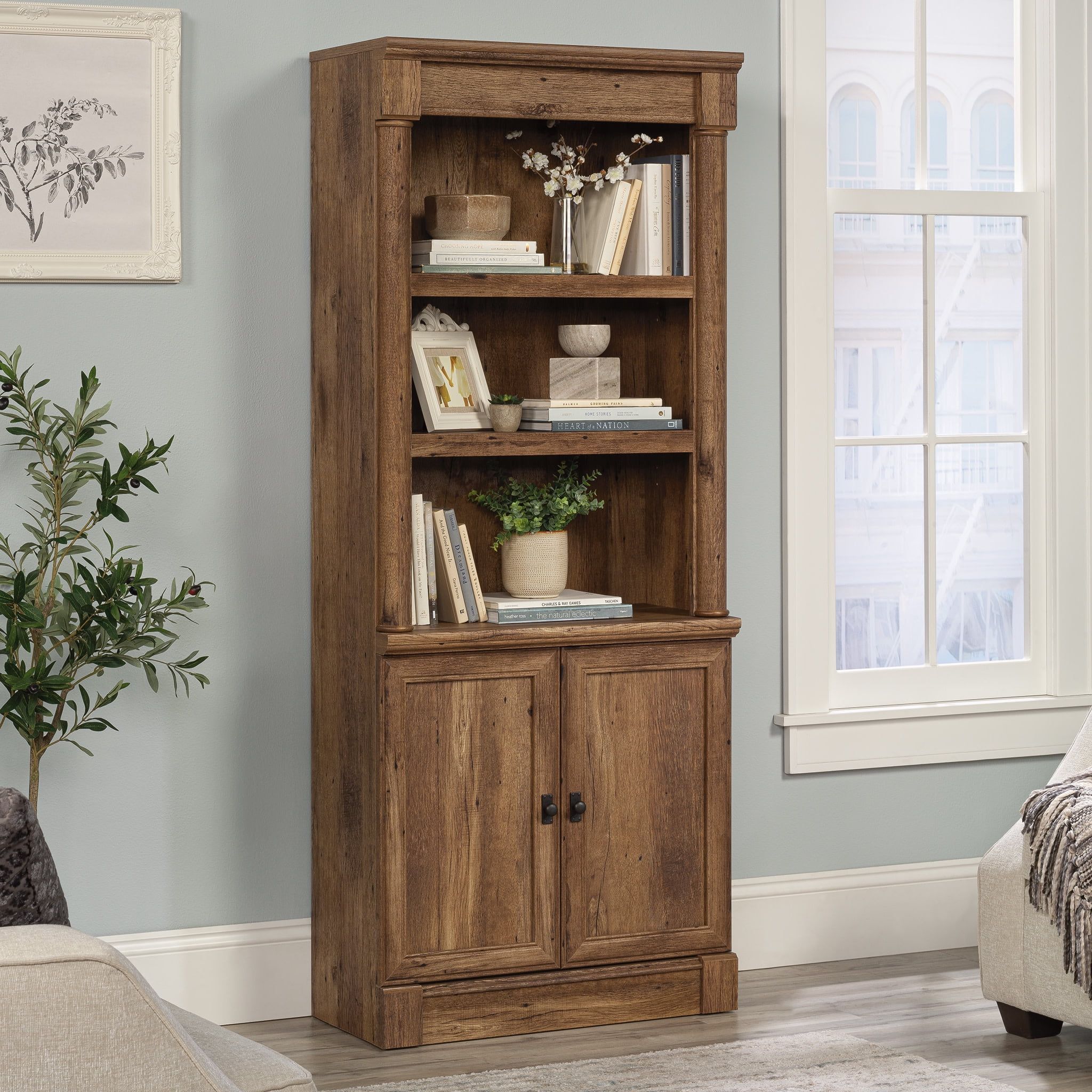 Vintage Oak Adjustable Library Bookcase with Framed Doors