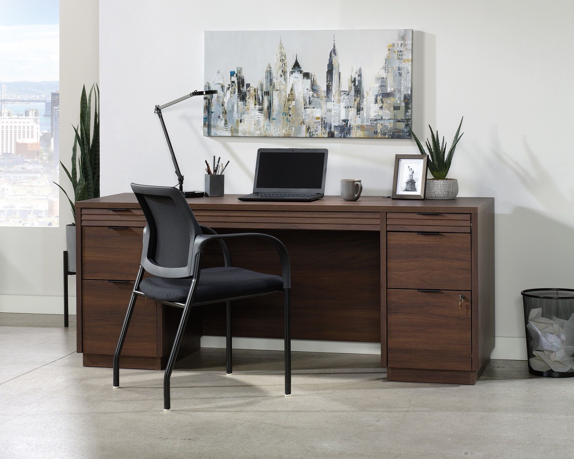 Spiced Mahogany 72" Black Wooden Credenza Desk with Keyboard Tray