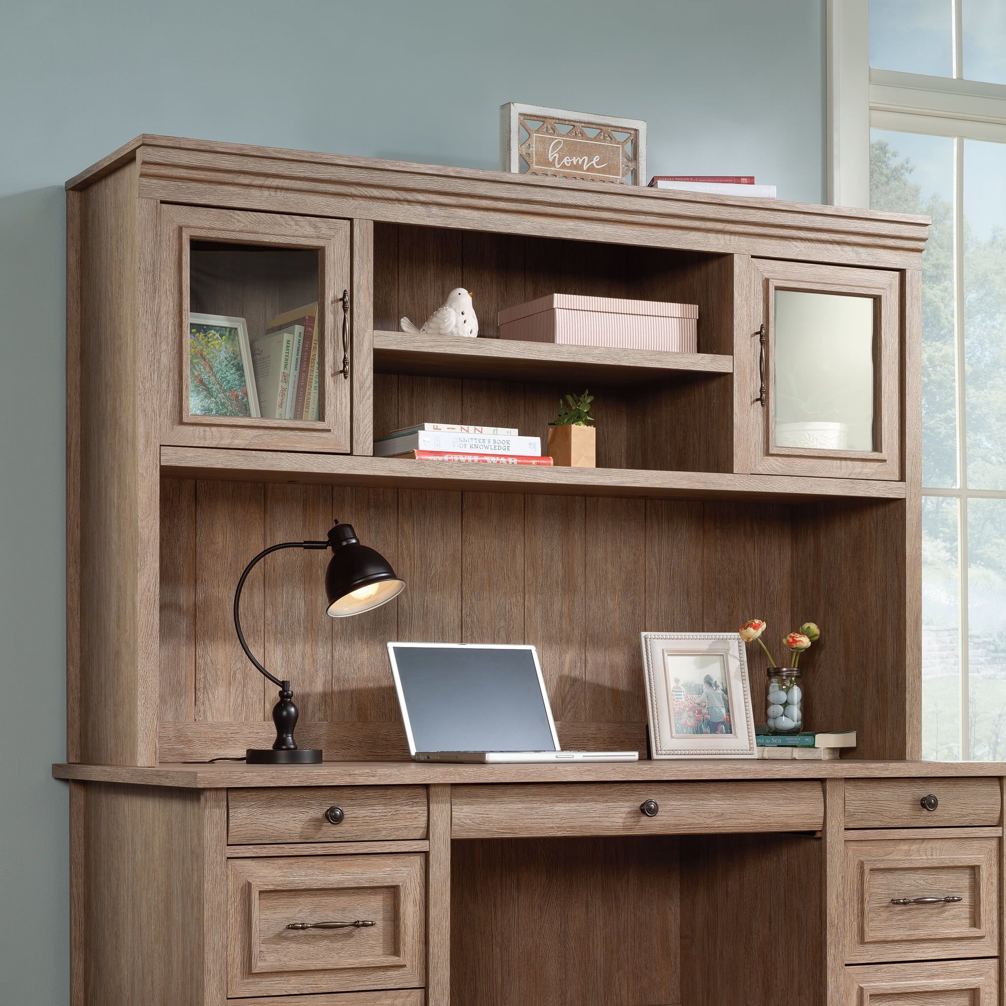 Brushed Oak 66" Hutch with Glass Doors