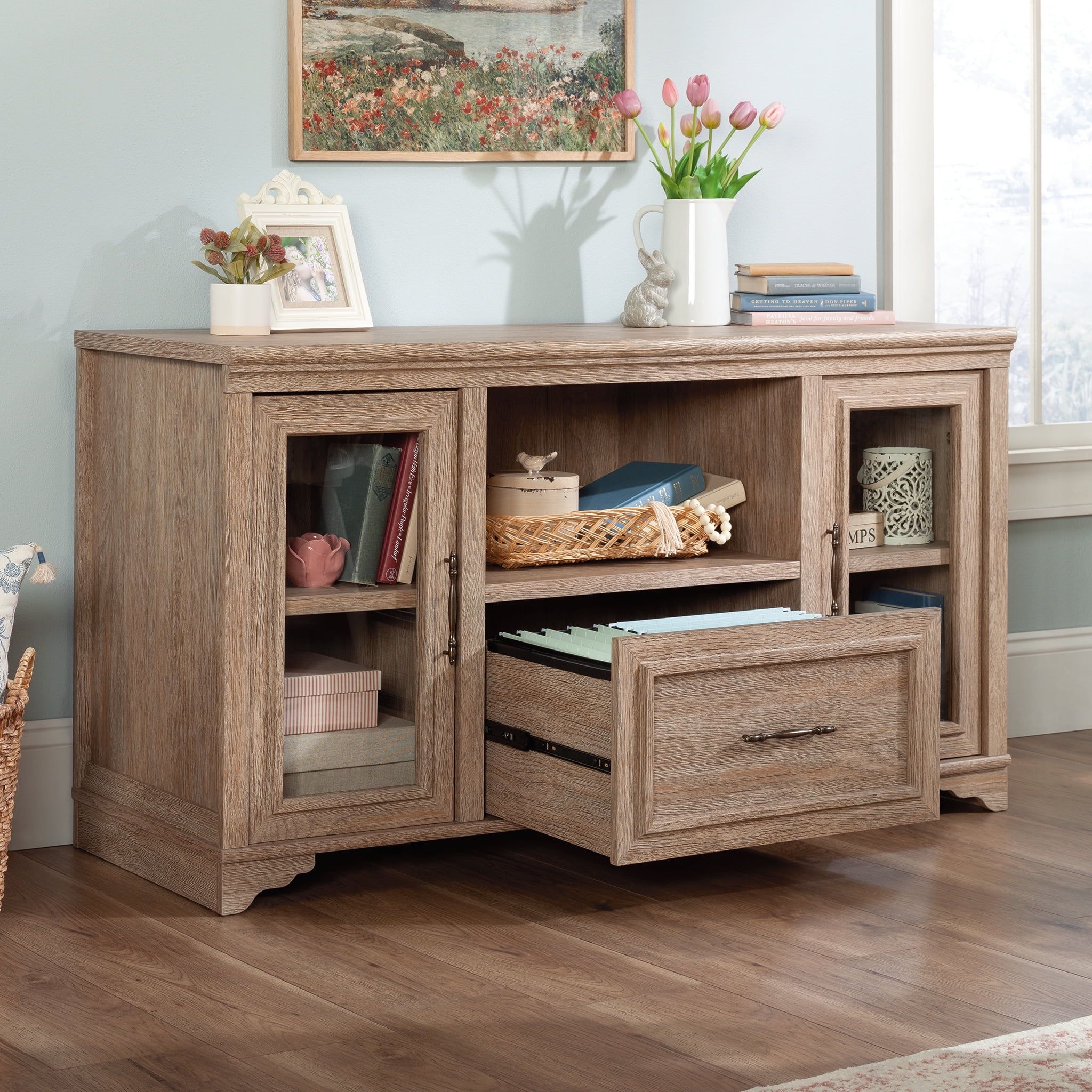 Brushed Oak 54" Wood Credenza with Drawer and Filing Cabinet