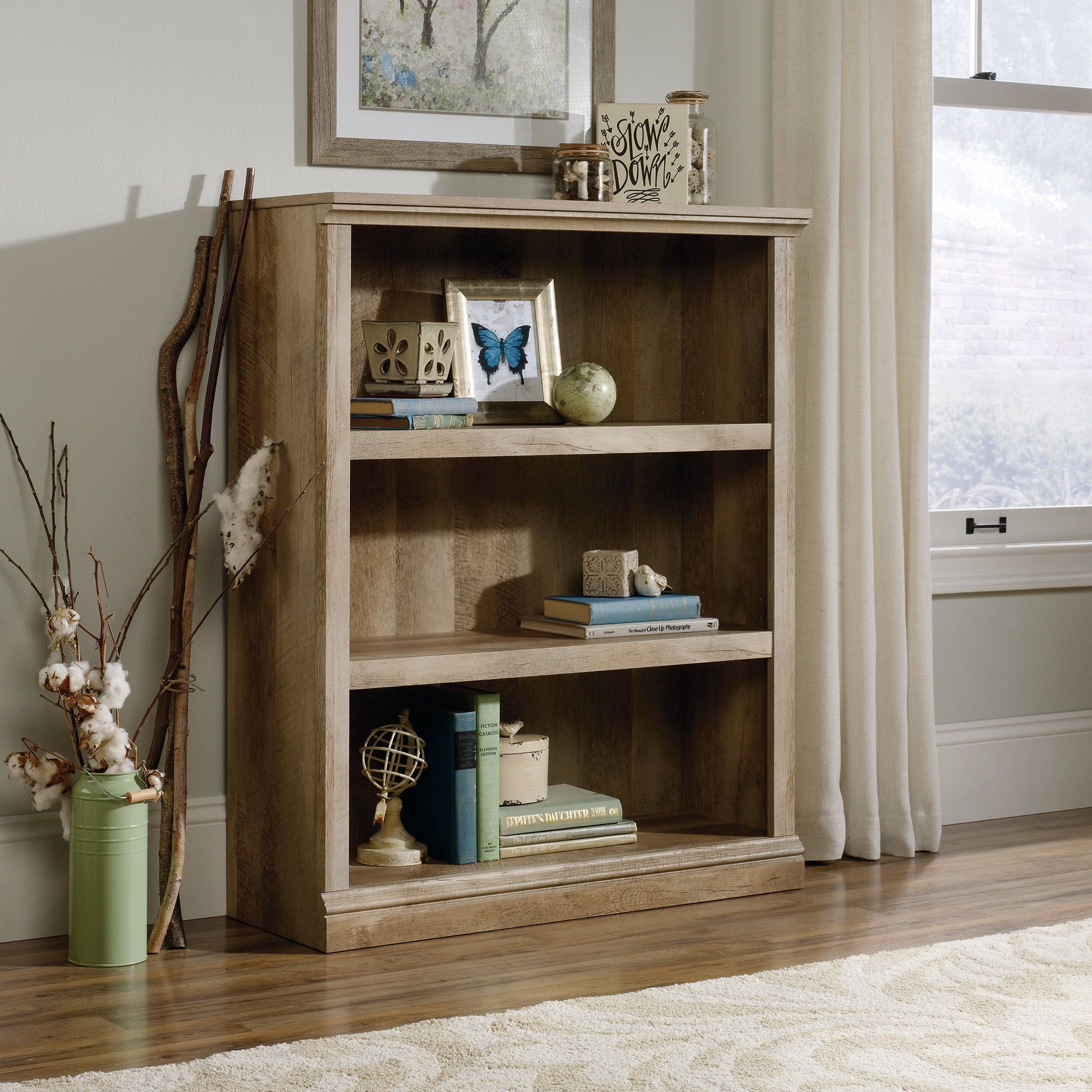 Adjustable Black 3-Shelf Bookcase with Storage Cubes