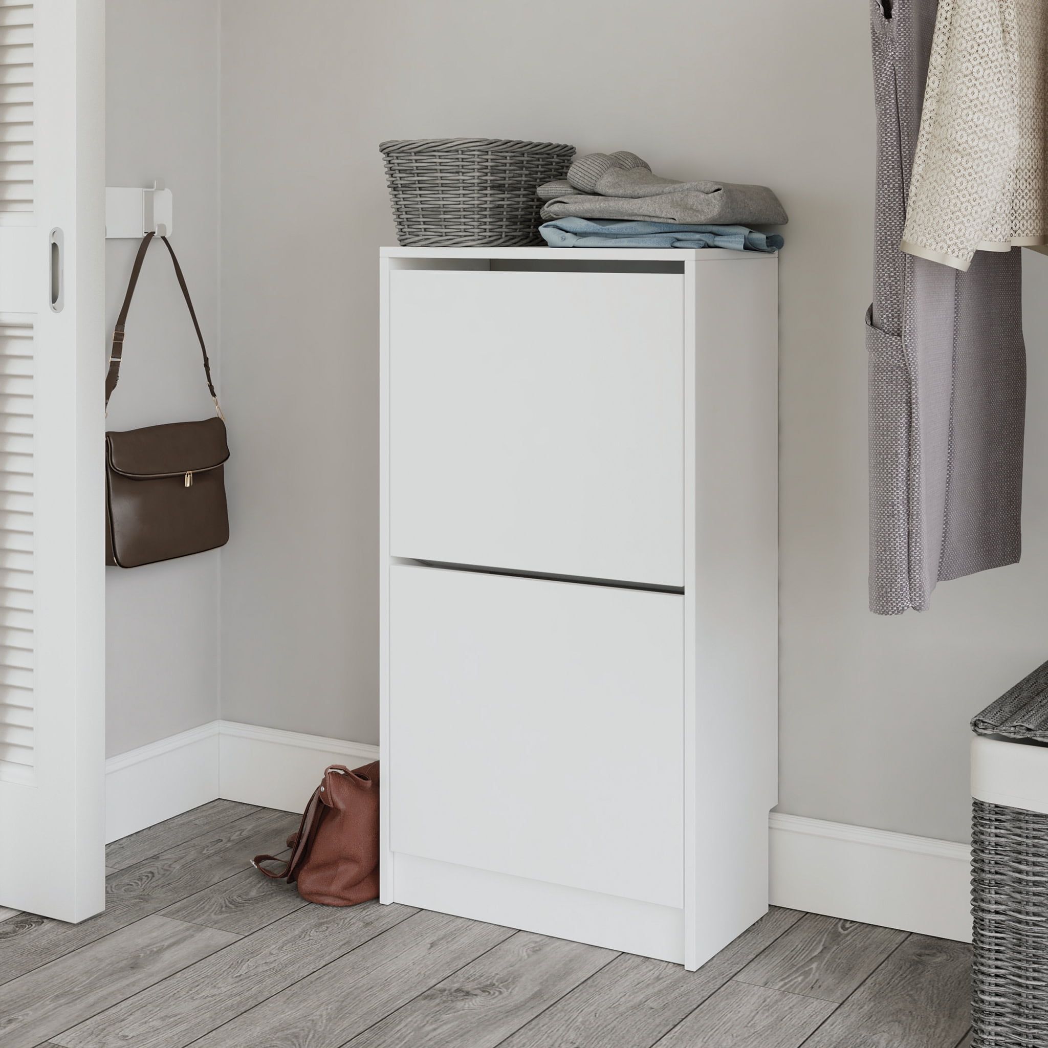 White Wood Tilt-Out Shoe Storage Cabinet