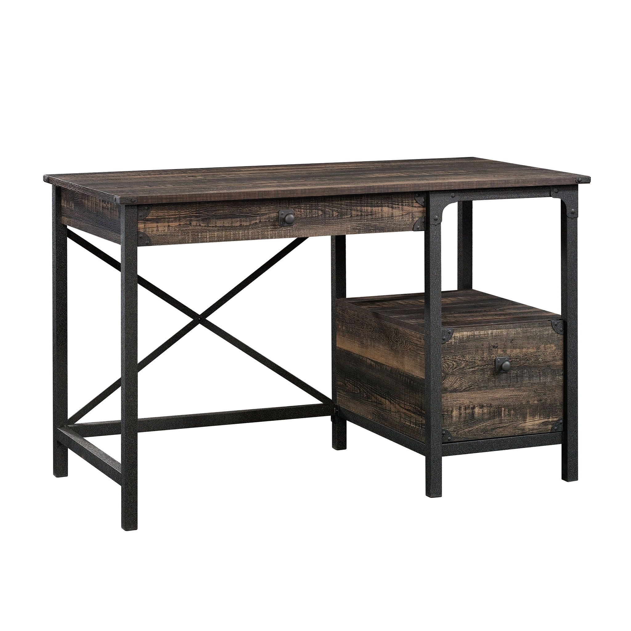 Rustic Carbon Oak Workstation with Powder-Coated Metal Frame