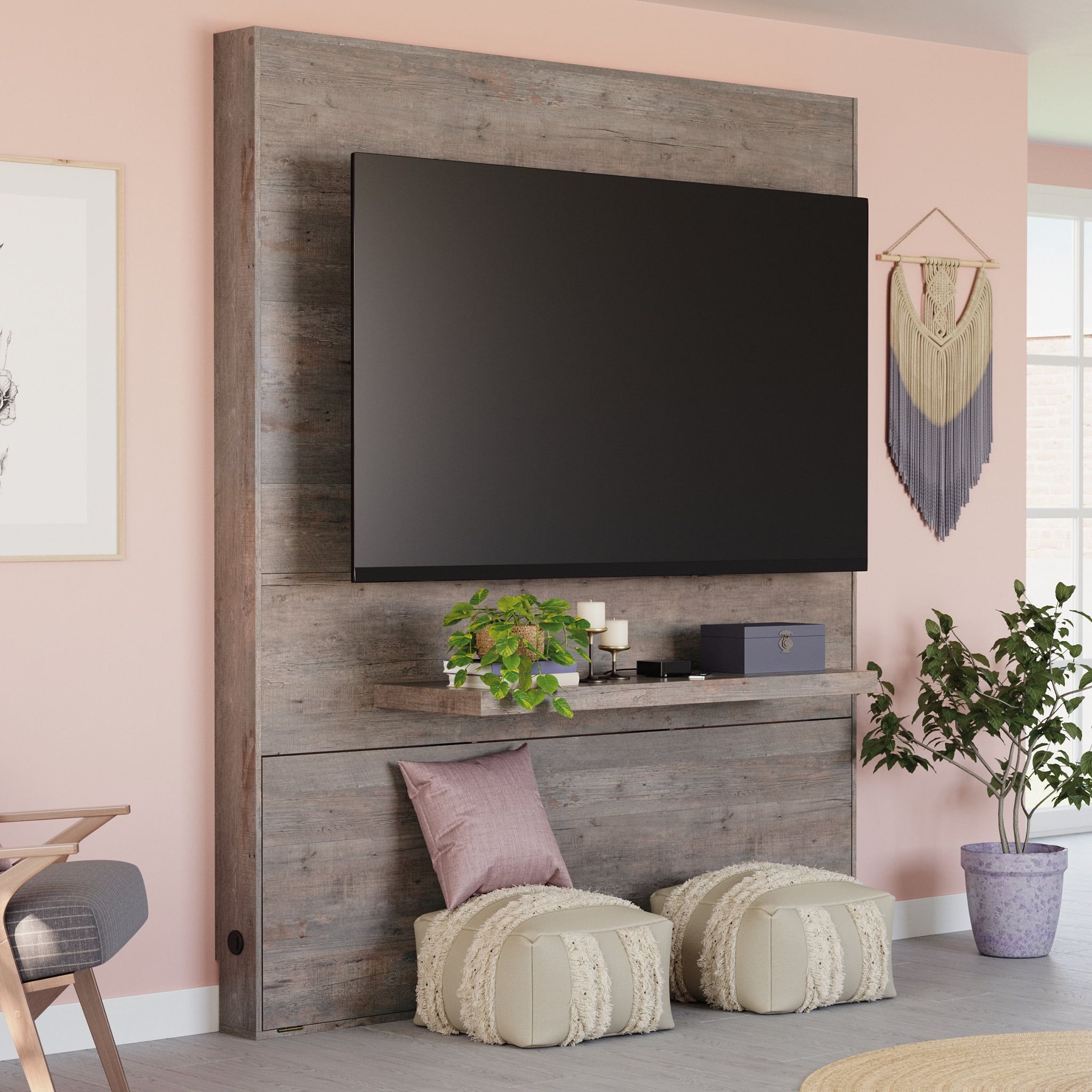 Weathered Wood Entertainment Wall with Floating Shelf and LED Lights