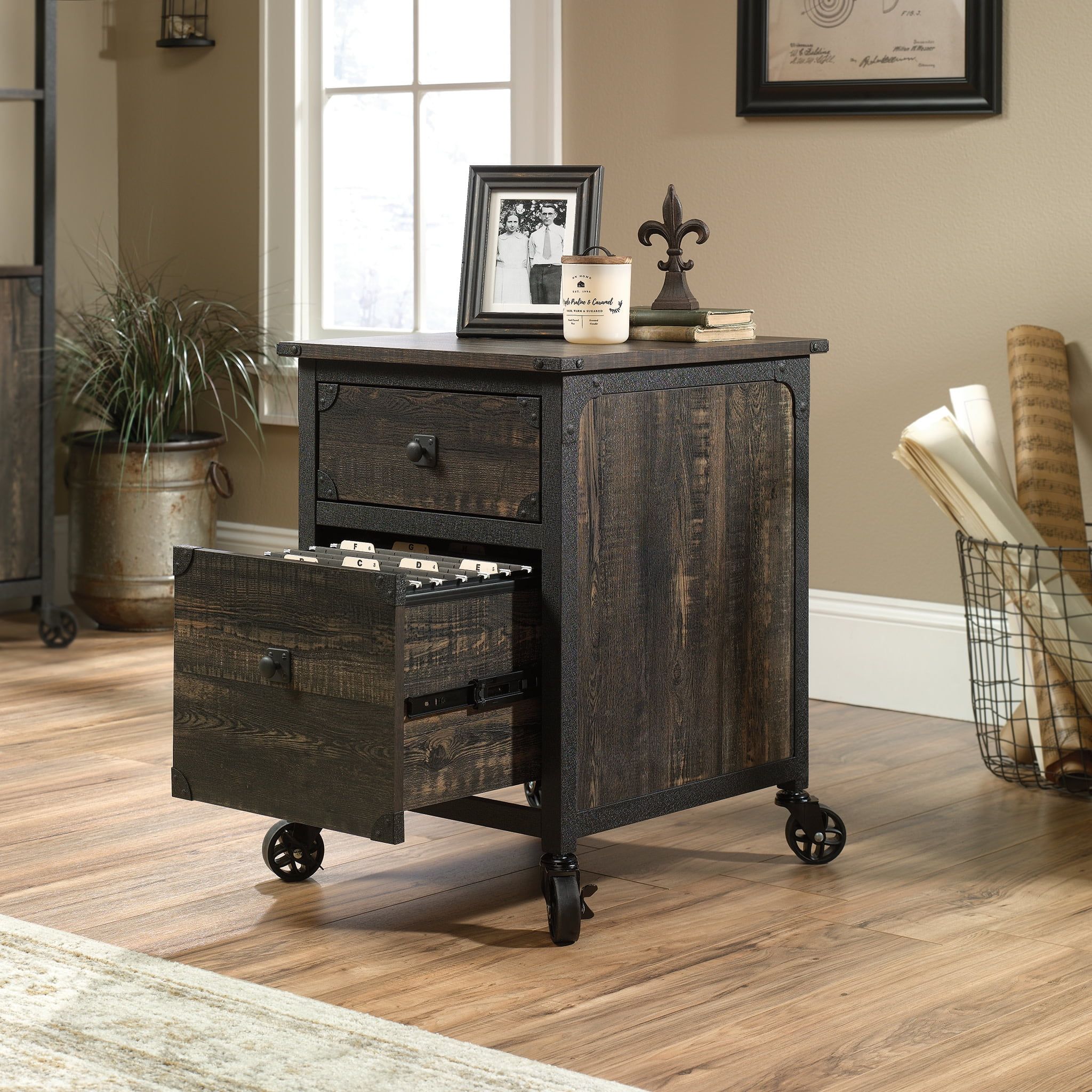 Carbon Oak 2-Drawer Mobile Pedestal with Powder-Coated Metal Frame