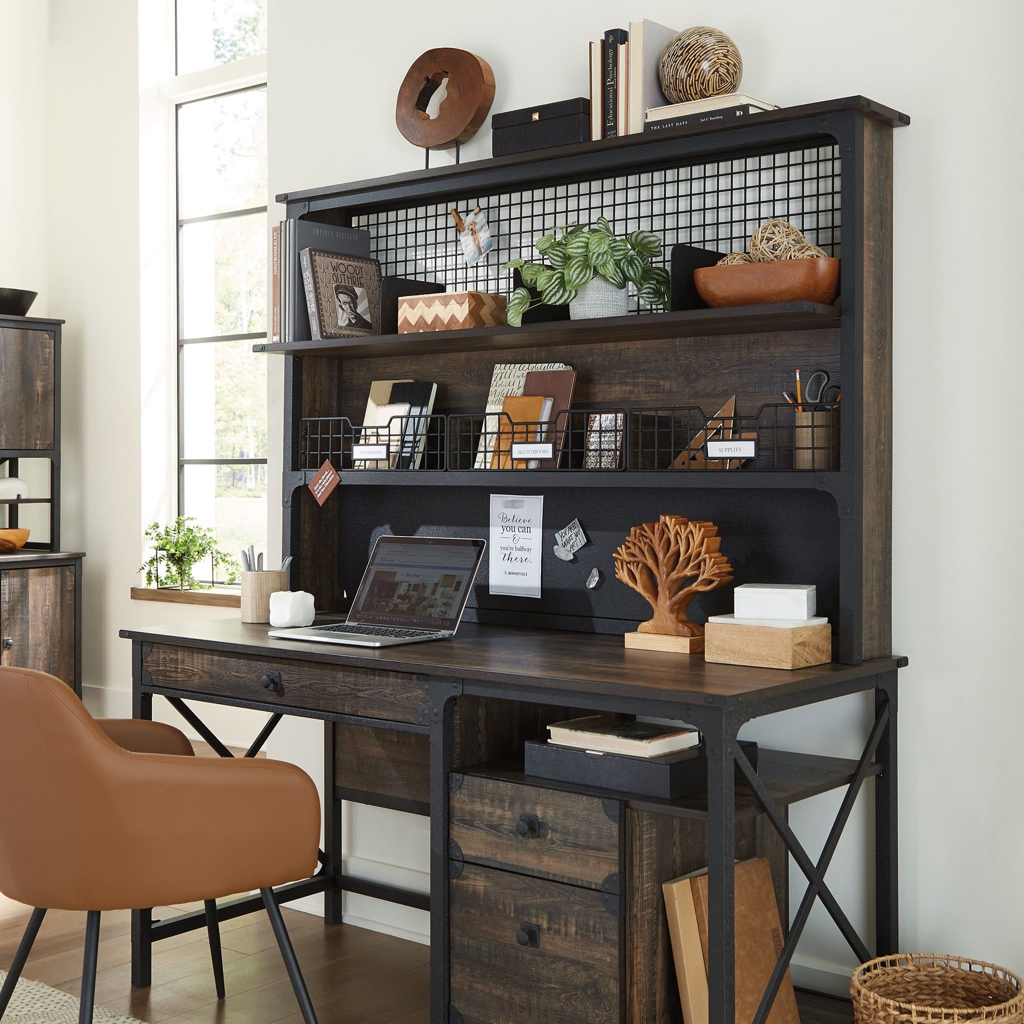 Carbon Oak Industrial Computer Desk Hutch with Metal Frame