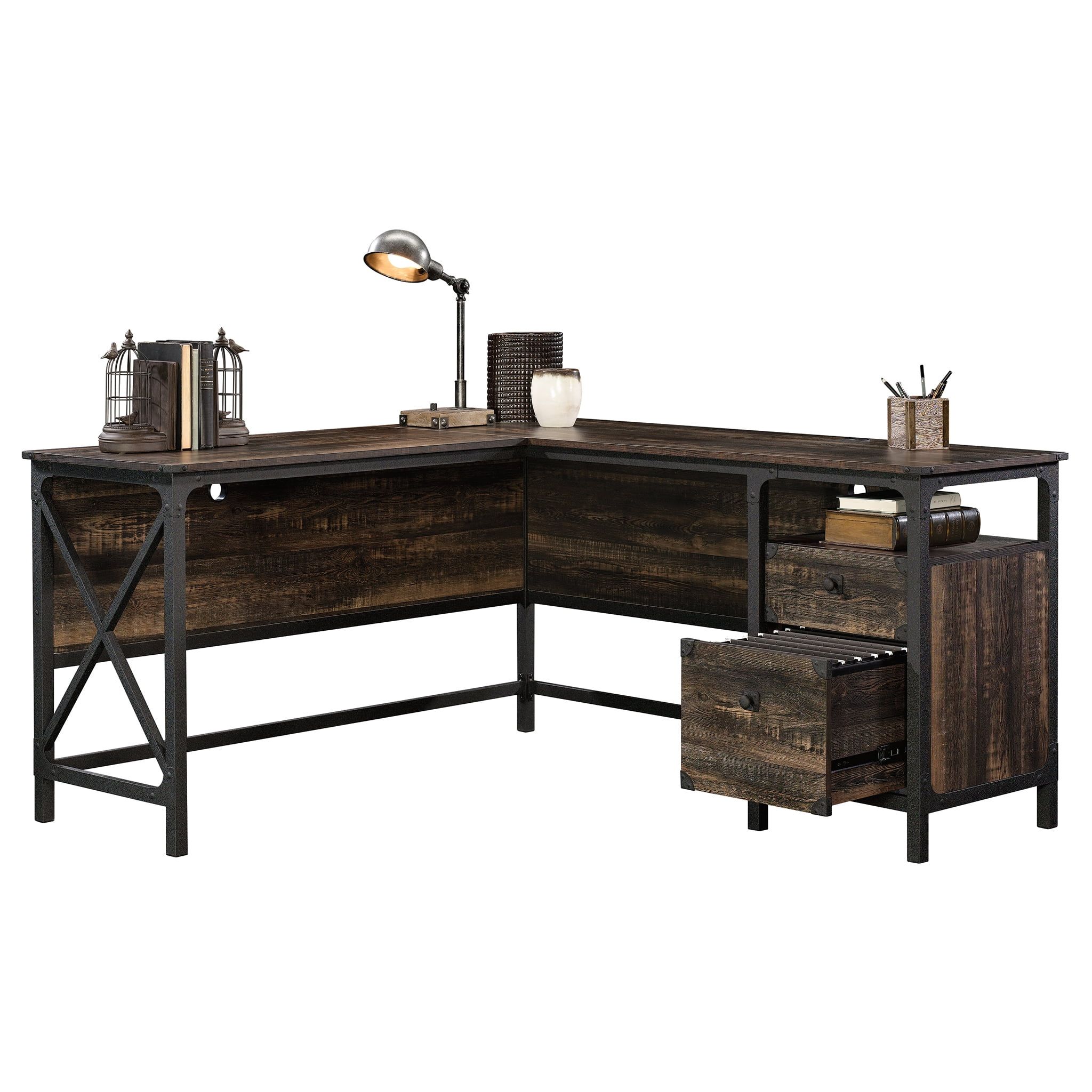 Carbon Oak and Black Industrial L-Shaped Desk with File Storage