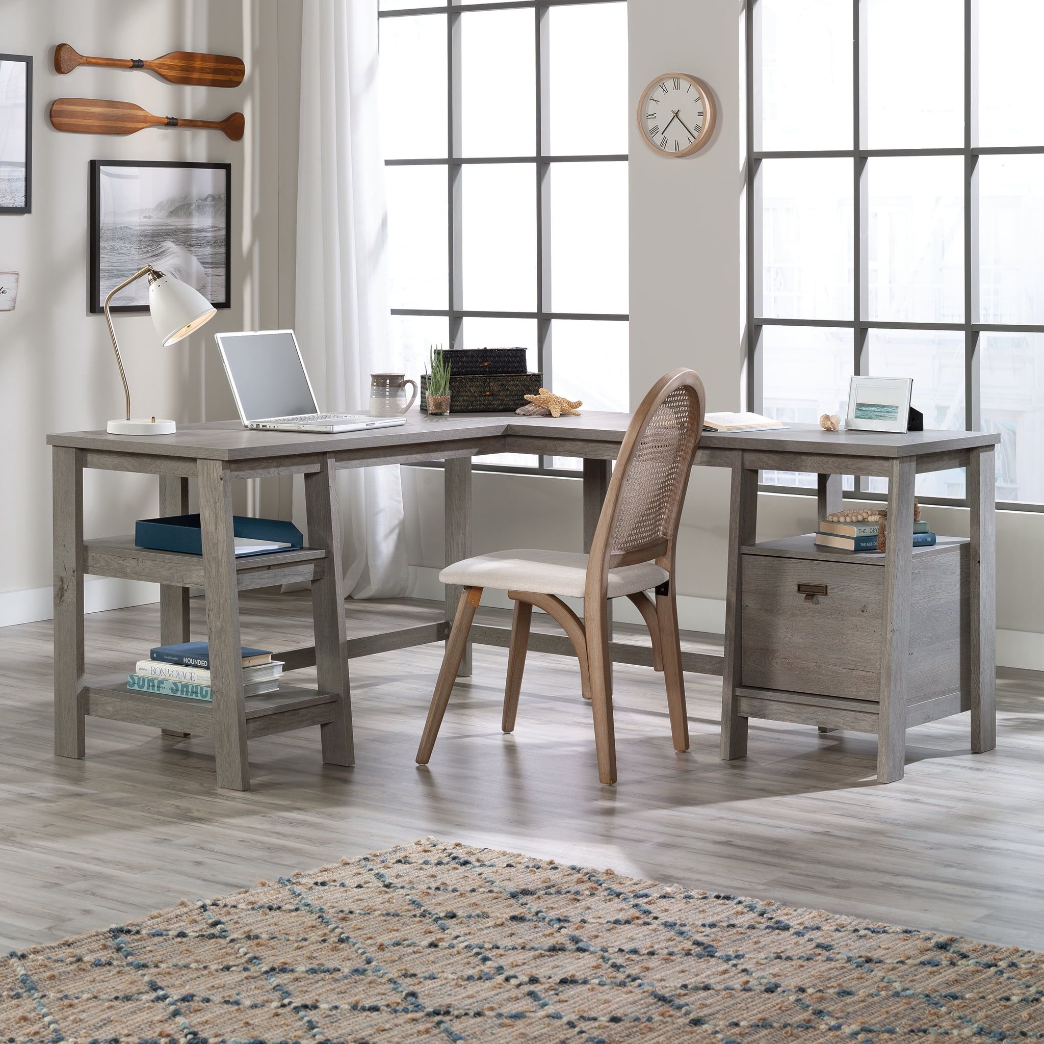 Mystic Oak L-Shaped Writing Desk with Drawer and Filing Cabinet