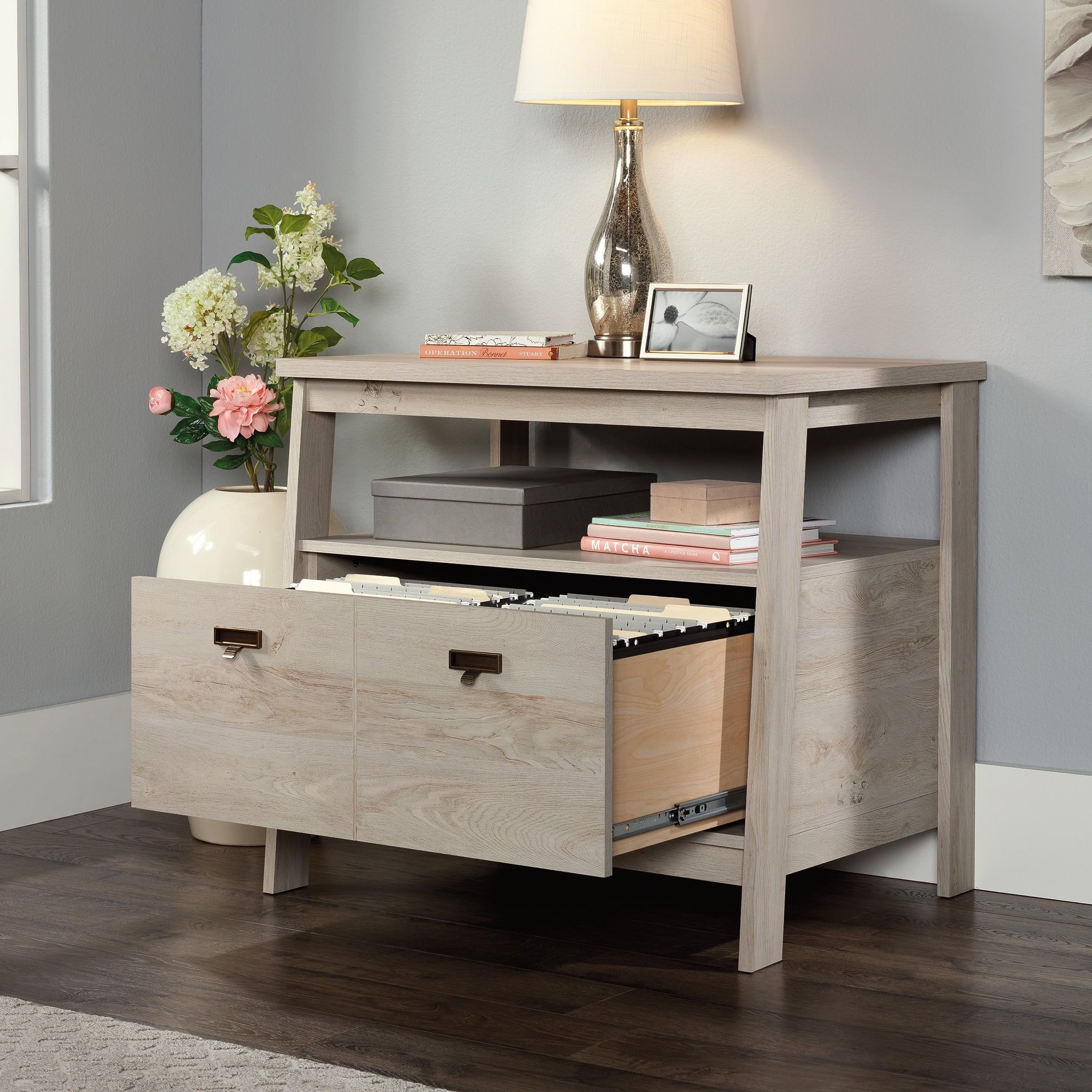 Chalked Chestnut Lockable Lateral File Cabinet with Open Shelf