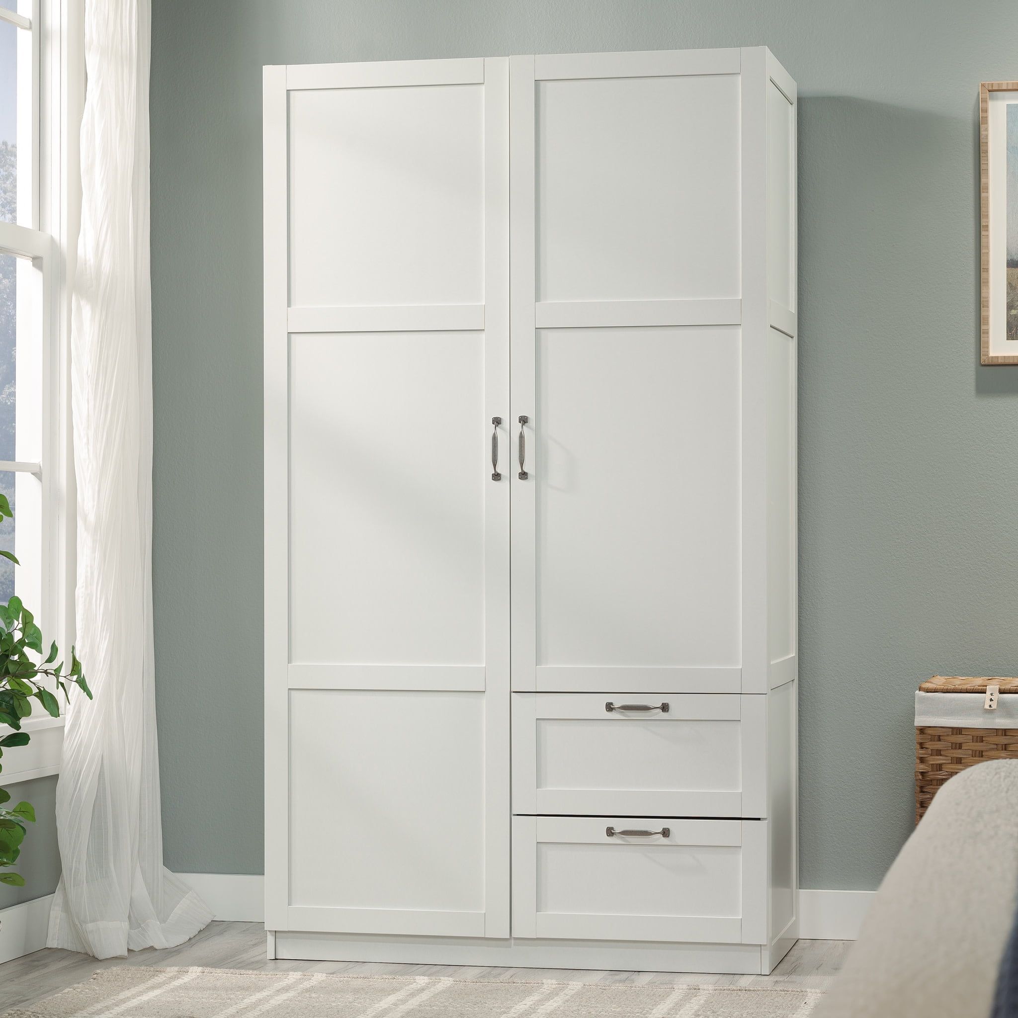 White Transitional Wardrobe Storage Cabinet with Drawers